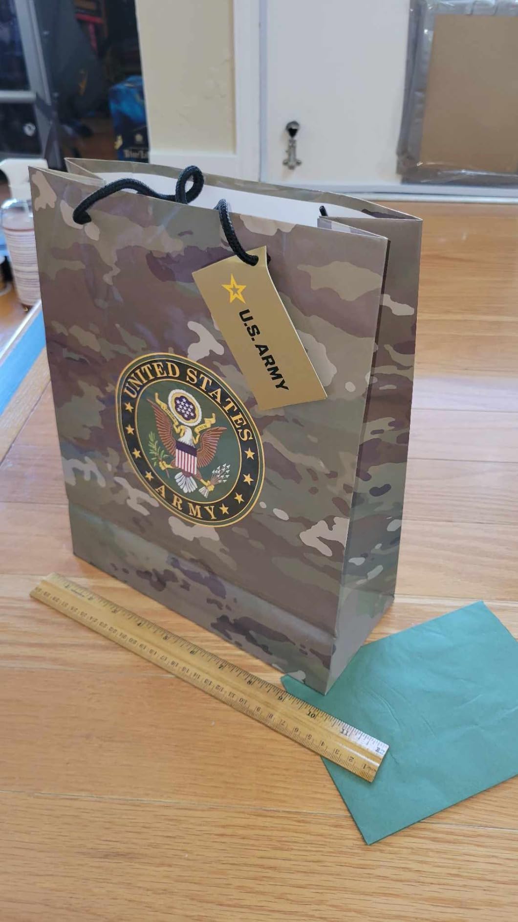 Havercamp U.S. Army Gift Bag-Durable Military Theme with Tissue-Medium | Army-themed gift bag with two tissue papers, rope handles, and gift tag for military birthdays, veterans, and celebrations. customer photo 2