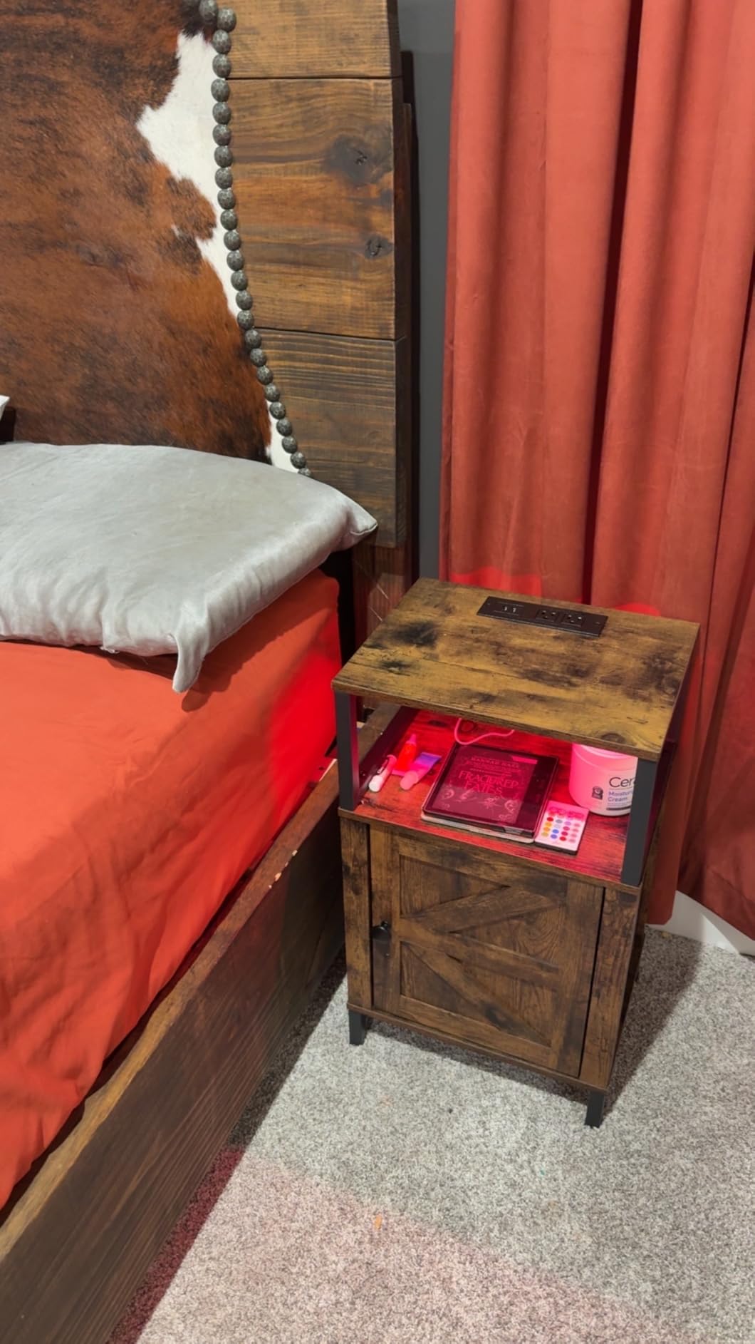 Yoobure Farmhouse Nightstand with Charging Station, Night Stand Barn Door, Wood Bedside Table with Storage Cabinet & Shelf, LED Side End Table with USB Ports & Outlets customer photo 1