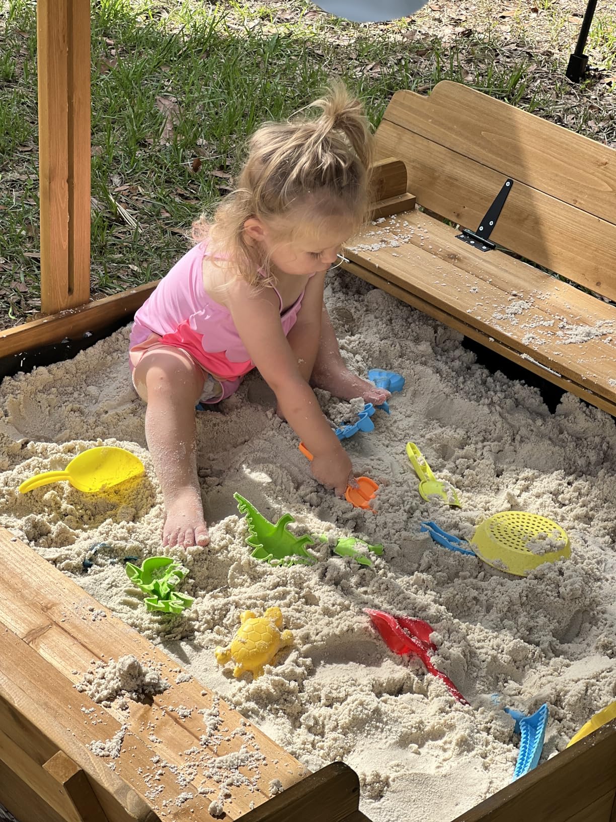 Wooden Sandbox with Lid, Kids Sandbox with Canopy Outdoor, Sandboxes with Covers Foldable Bench Seats for Backyard, UV-Resistant & Adjustable Height Roof, Gift for Ages 2-8 (47x47in) customer photo 1