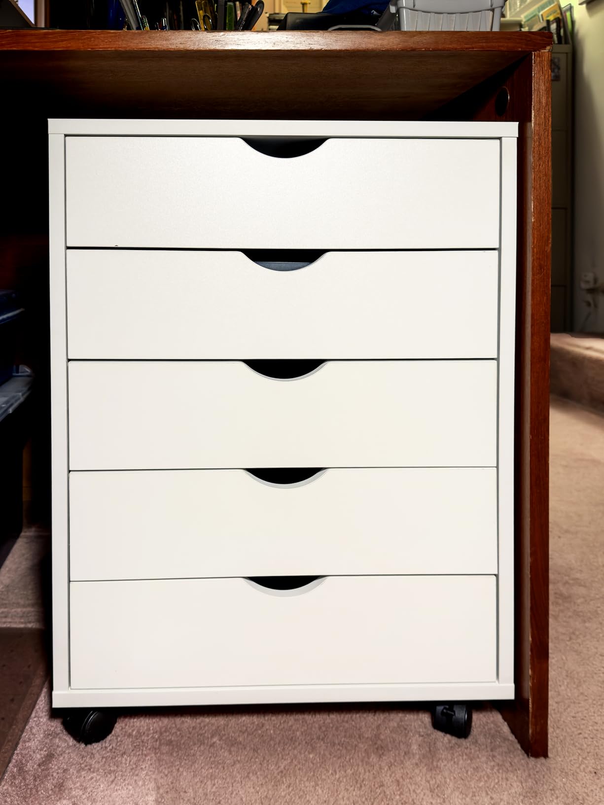 Sweetcrispy 5 Drawer Wooden Dresser, Storage Cabinets with Mobile Rolling Wheels, Vertical Organizer Chest for Home Office, White customer photo 1