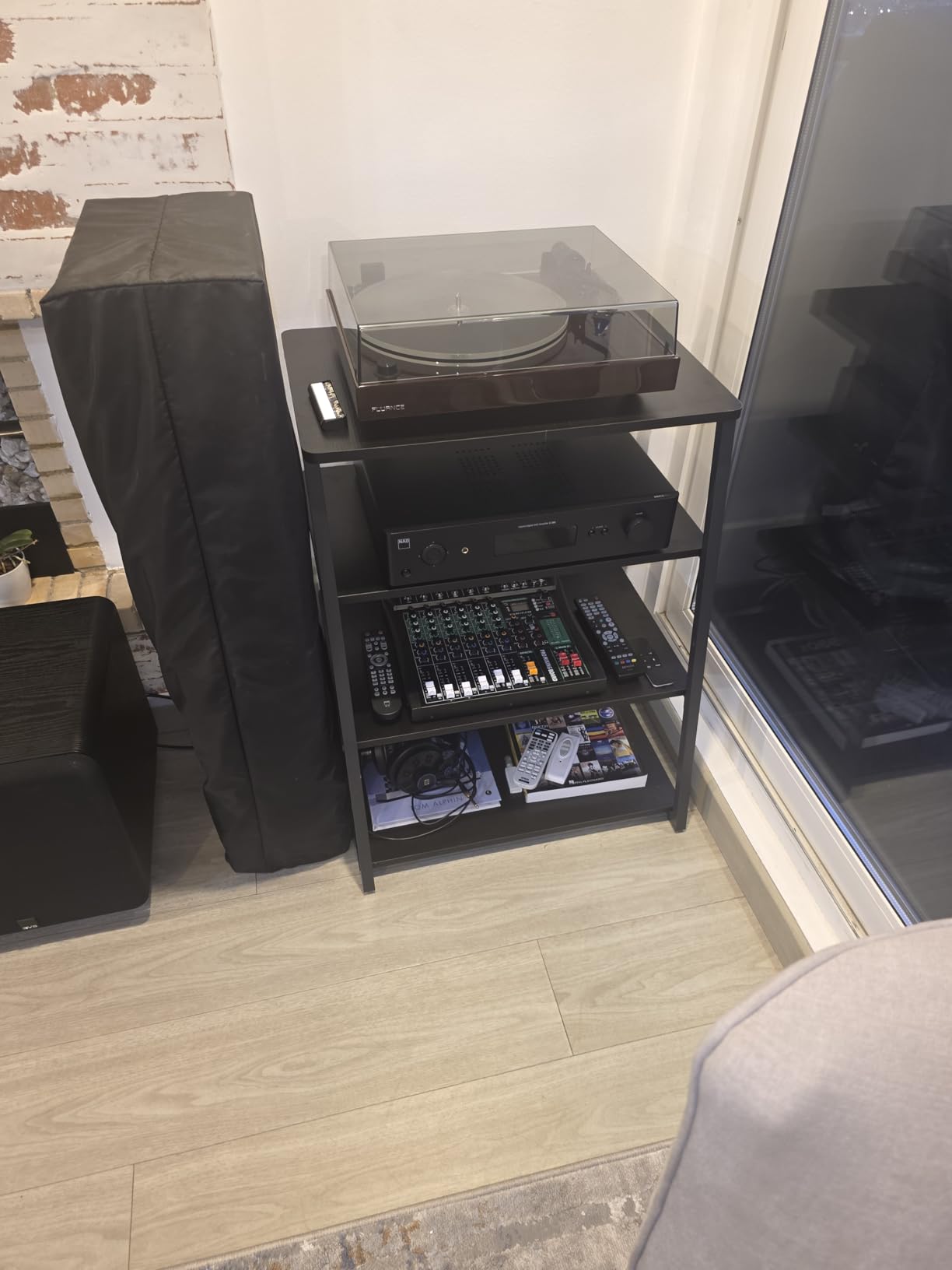 Besiost AV Media Stand with Outlets, Media Console with LED Lights, Stereo Racks and Stands with Storage Shelves, Media Audio Tower Cabinet, Black Enoby customer photo 2