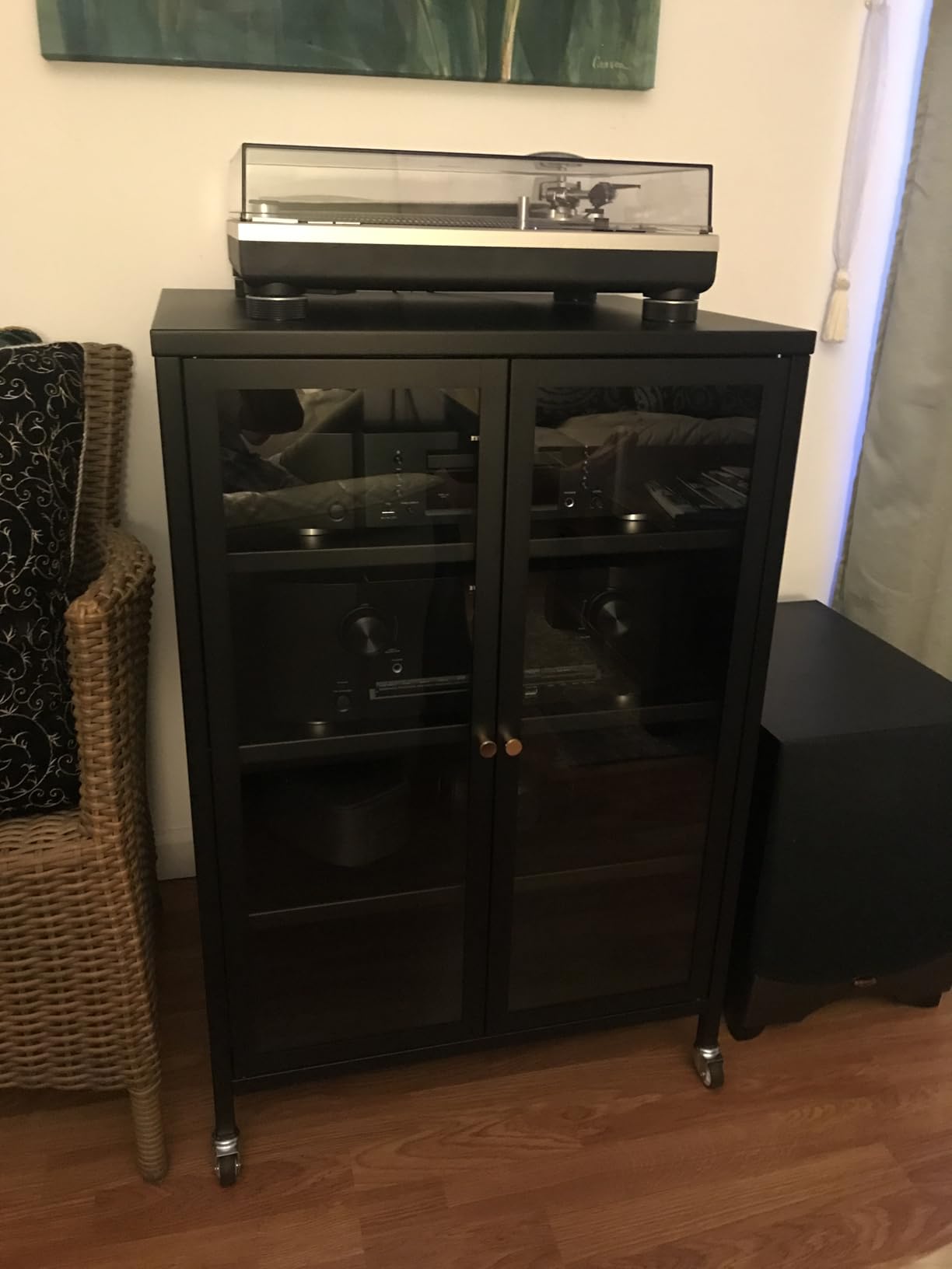 Stereo Cabinet, Metal Media Storage Cabinet with Glass Doors, Audio-Video Media Stand with 4 Adjustable Shelves, AV Stand for Meeting, Living, Recording Room, Require Assembly, Black customer photo 2