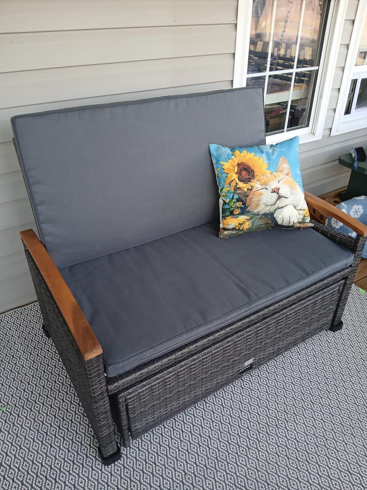 LDAILY Moccha Outdoor Wicker Daybed, Patio Rattan Loveseat Sofa w/ 4-Level Adjustable Backrest, Folding Panels, Storage Ottoman & Cushions, Lounge Furniture Set for Poolside Backyard Porch (Beige) customer photo 1
