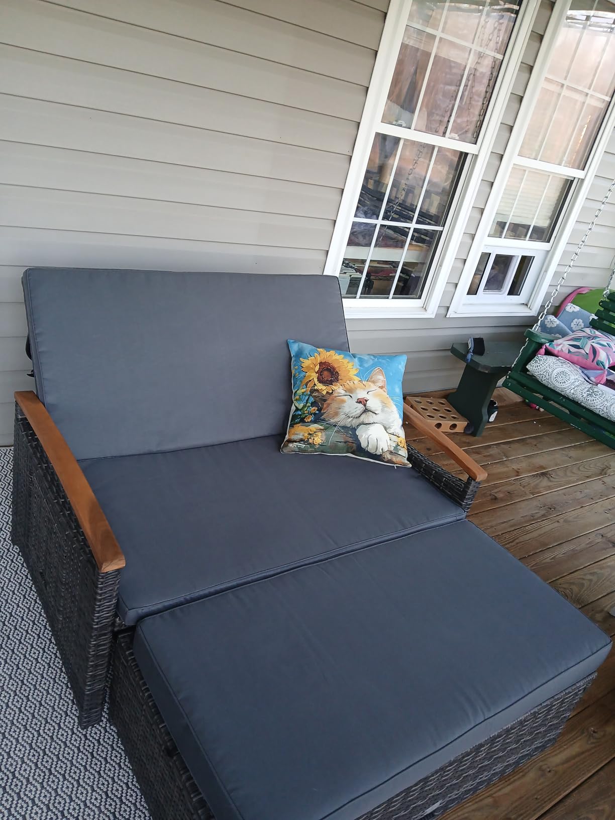 LDAILY Moccha Outdoor Wicker Daybed, Patio Rattan Loveseat Sofa w/ 4-Level Adjustable Backrest, Folding Panels, Storage Ottoman & Cushions, Lounge Furniture Set for Poolside Backyard Porch (Beige) customer photo 2