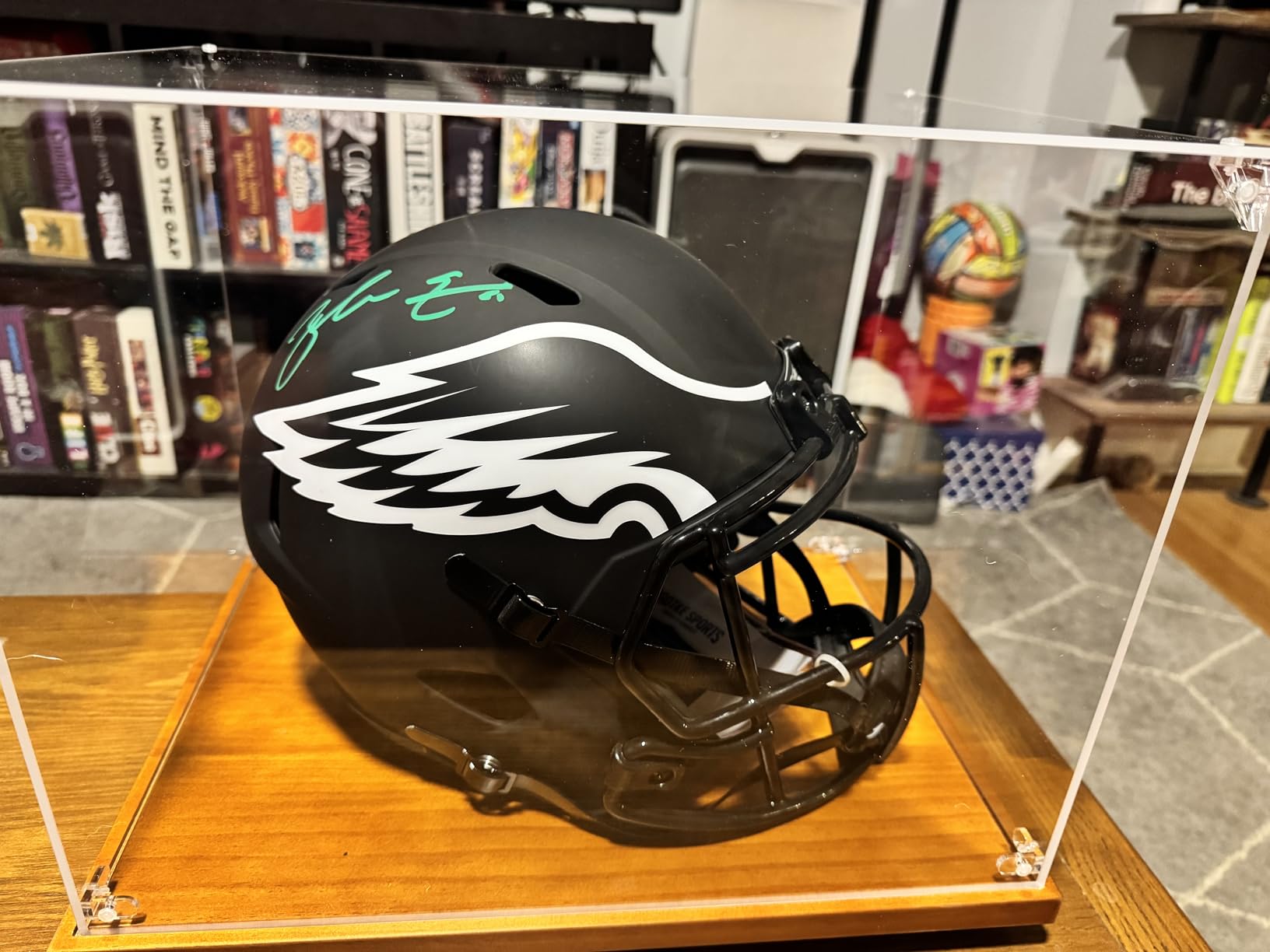 JupDec Football Helmet Display Case, Full Size Acrylic Baseball Motorcycle Helmet Showcase, UV Protection Souvenirs and Collectibles Box with Solid Wood Base & Riser, Ideal Gift for Sports Enthusiast customer photo 1