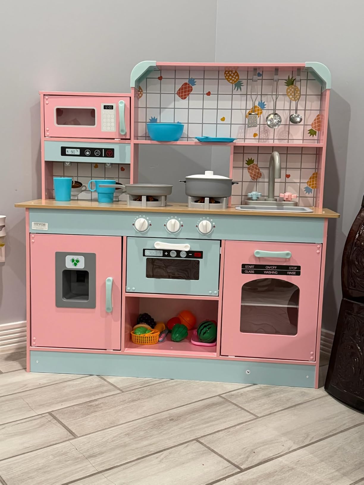 VEVOR Wooden Play Kitchen Toy, Play Kitchen for Kids with Lights and Sounds, Toddler Kitchen with Ice Maker, Oven, Sink, Microwaves, Fridge and Utensil and Fruit Accessory for Toddlers, White customer photo 1