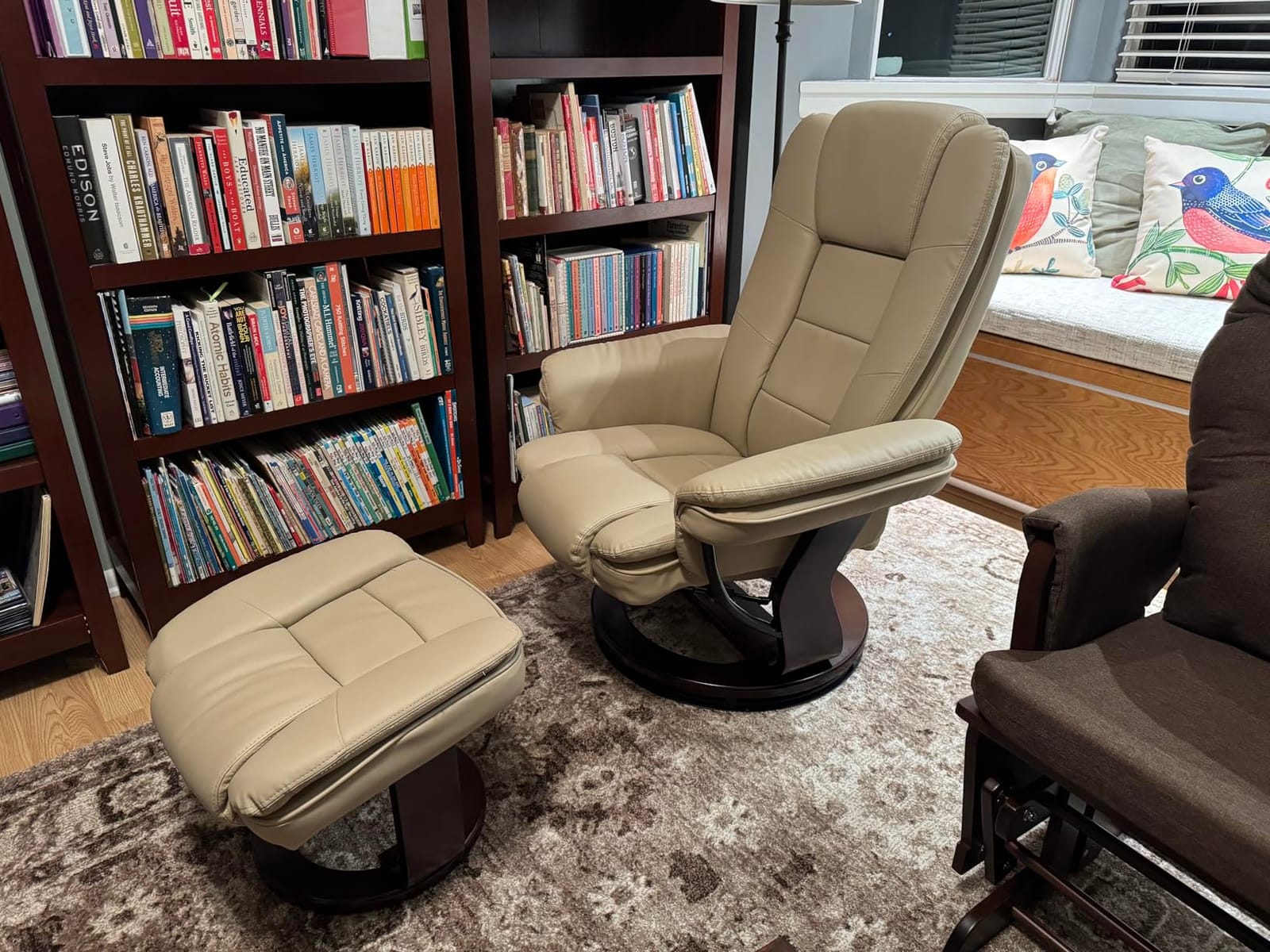 Swivel Recliner Chair with Ottoman Reclining Lounge Sofa Footrest, Set of 1 | 360° Sturdy Wood Base, Soft Faux Leather, Upholstered Ultra-Plush Foam, Modern Armchair, Living Room Bedroom Office Reading customer photo 2