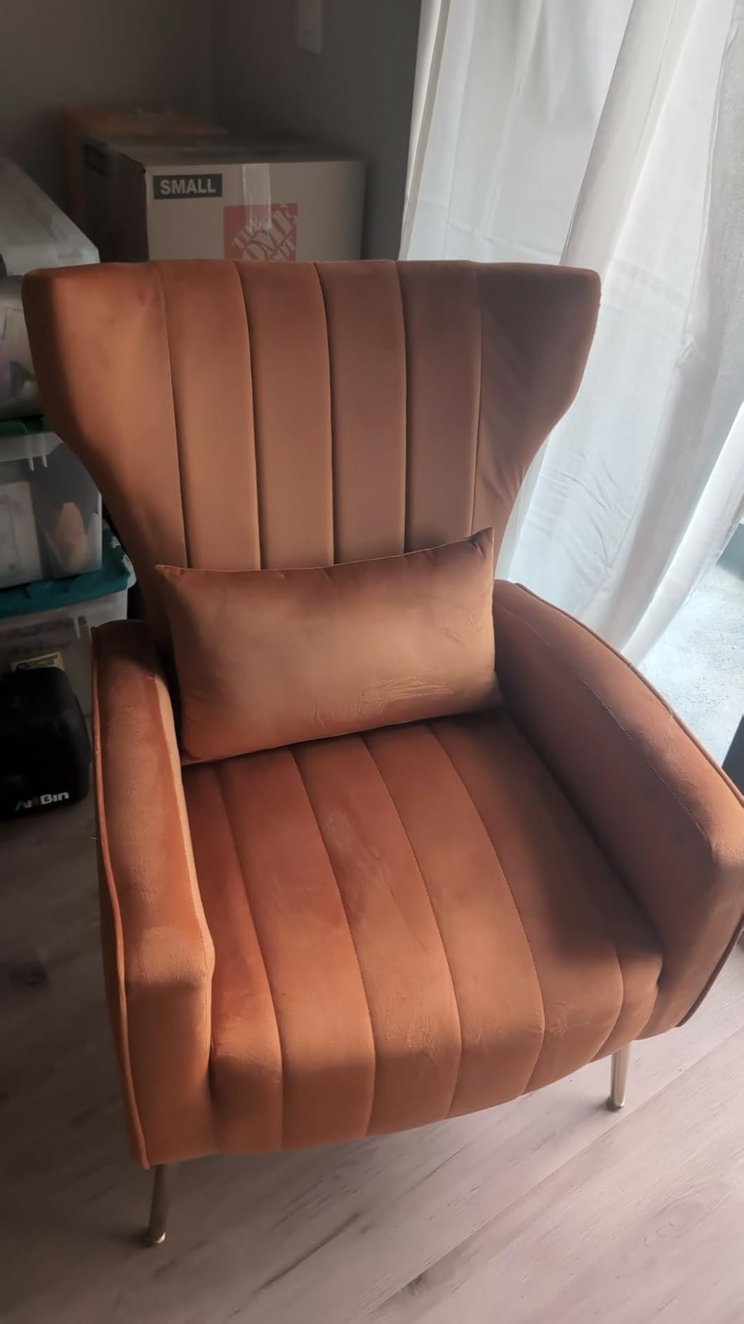 Nebuaegis Velvet Accent Chair Wingback for Living Room, High Back Arm Chair with Golden Legs Lumbar Pillow, Upholstered Single Sofa Bedroom Beige customer photo 2