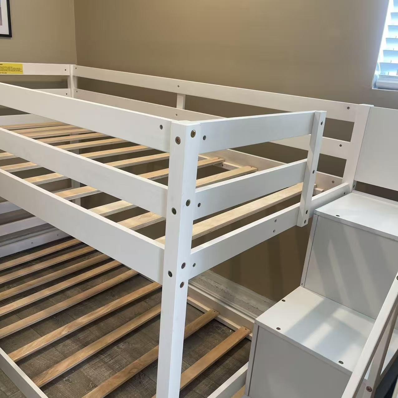 GIANTEX Twin Over Twin Bunk Bed with Stairs, Solid Wood Floor Bunk Bed with Storage Staircase & Full-Length Guardrails, Low Bunk Bed for Kids, Teens, Adults, Dorm, Small Space, White customer photo 1
