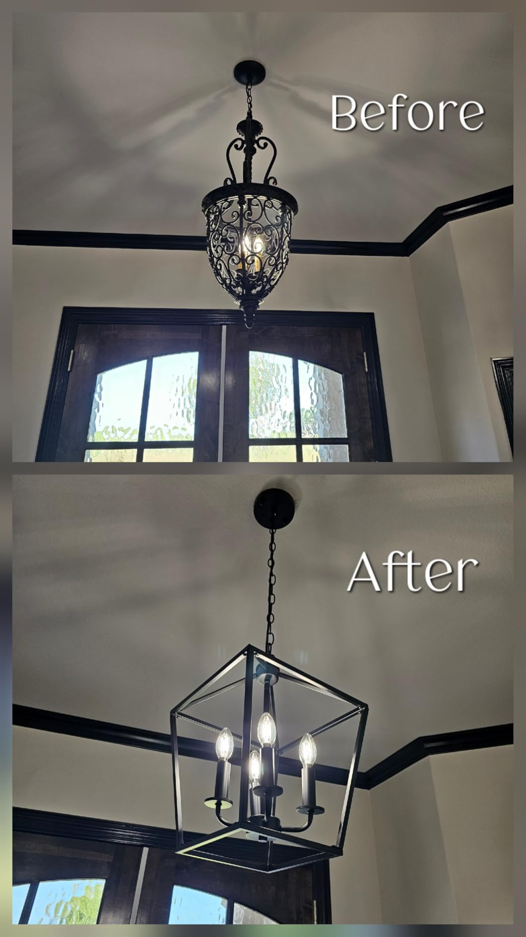 Black Farmhouse Chandelier, 4-Light Foyer Lighting Fixtures for Dining Room, Industrial Kitchen Lantern chandelier Over Table, Pendant Island Ceiling Light for Entryway, Metal Cage Adjustable Height customer photo 2