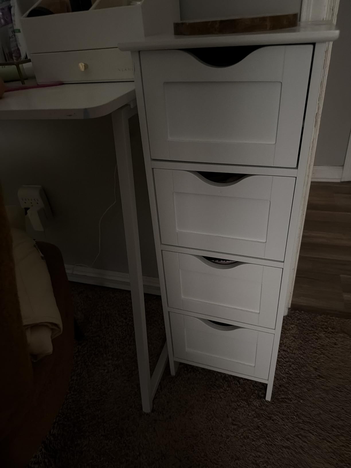 Bonnlo Skinny Bathroom Floor Storage Cabinet,White 12 Inch Wide Deep Small Storage Organizer with 4 Drawers, Wooden Modern Thin Free Standing Tower Cabinet w/ 4 Cute Drawers for Bathroom, Living Room customer photo 2