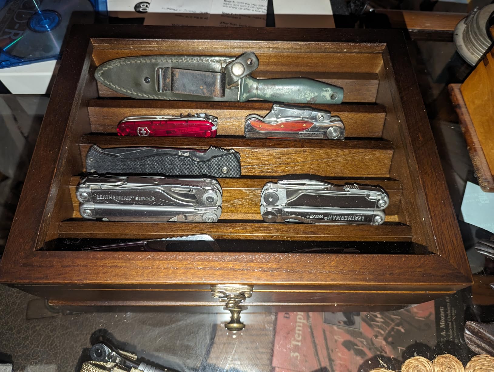 Knife Display Case, Knife Collection Display Holder with Glass Lid, 3-Layer Wooden Pocket Knife Case with Drawers (Walnut) customer photo 1