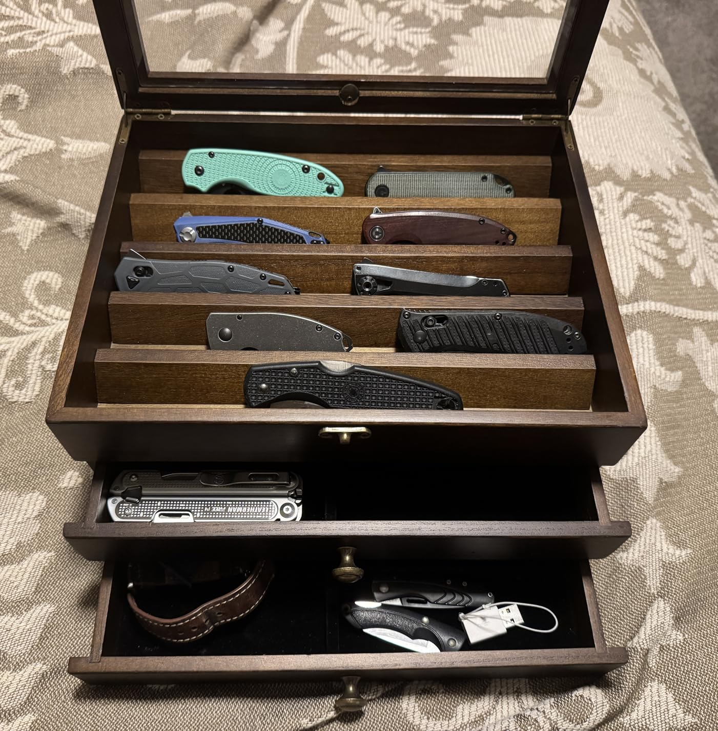 Knife Display Case, Knife Collection Display Holder with Glass Lid, 3-Layer Wooden Pocket Knife Case with Drawers (Walnut) customer photo 2