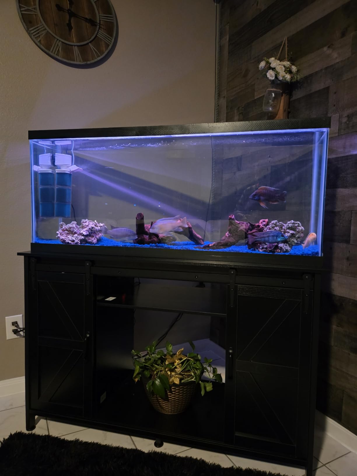 VOWNER Farmhouse 55-75 Gallon Fish Tank Stand with Power Outlet, Grey | Aquarium Stand with Storage Cabinet and Sliding Barn Door, Heavy Duty Reptile Tank Stand, for 2 Tanks, 1000LBS Capacity customer photo 2