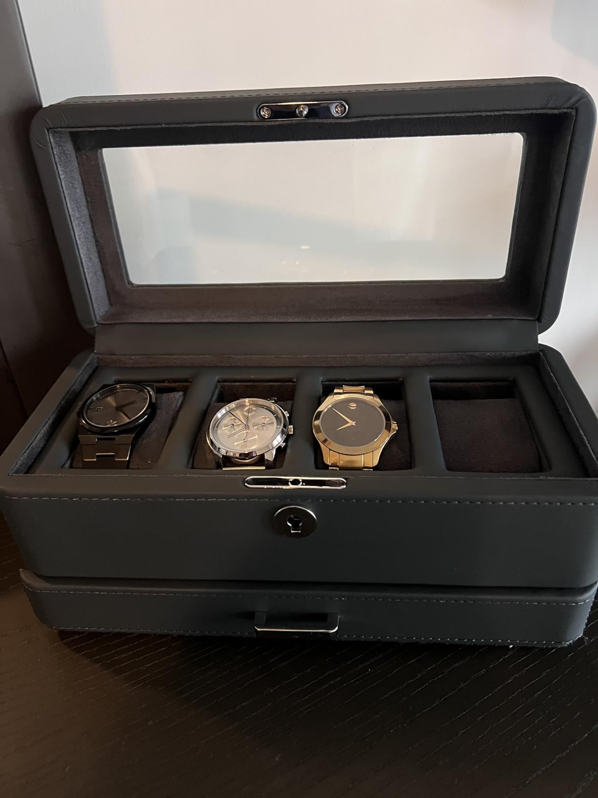 ROTHWELL 4 Slot Leather Watch Box with Valet Drawer - Luxury Case Display Jewelry Organizer, Locking Display Case Holder with Real Glass Top - Watch Box Organizer for Men & Women (Tan) customer photo 2