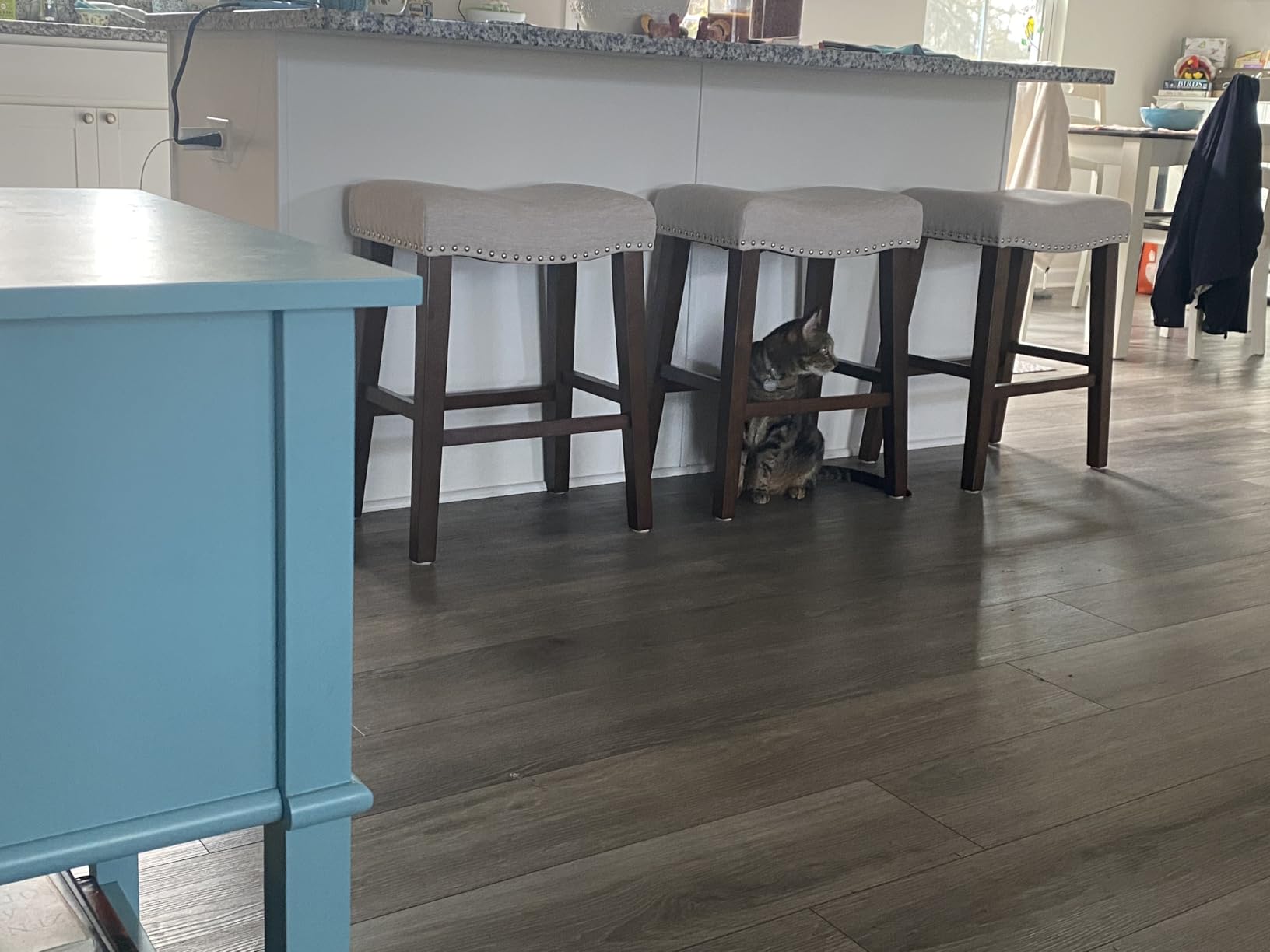 PrimeZone 26 Inch Solid Wood Saddle Backless Bar Stools Set of 3, Beige | Counter Height Barstools with Footrest & Nailhead Trim, Modern Farmhouse Upholstered Linen Counter Stools for Kitchen Island customer photo 1
