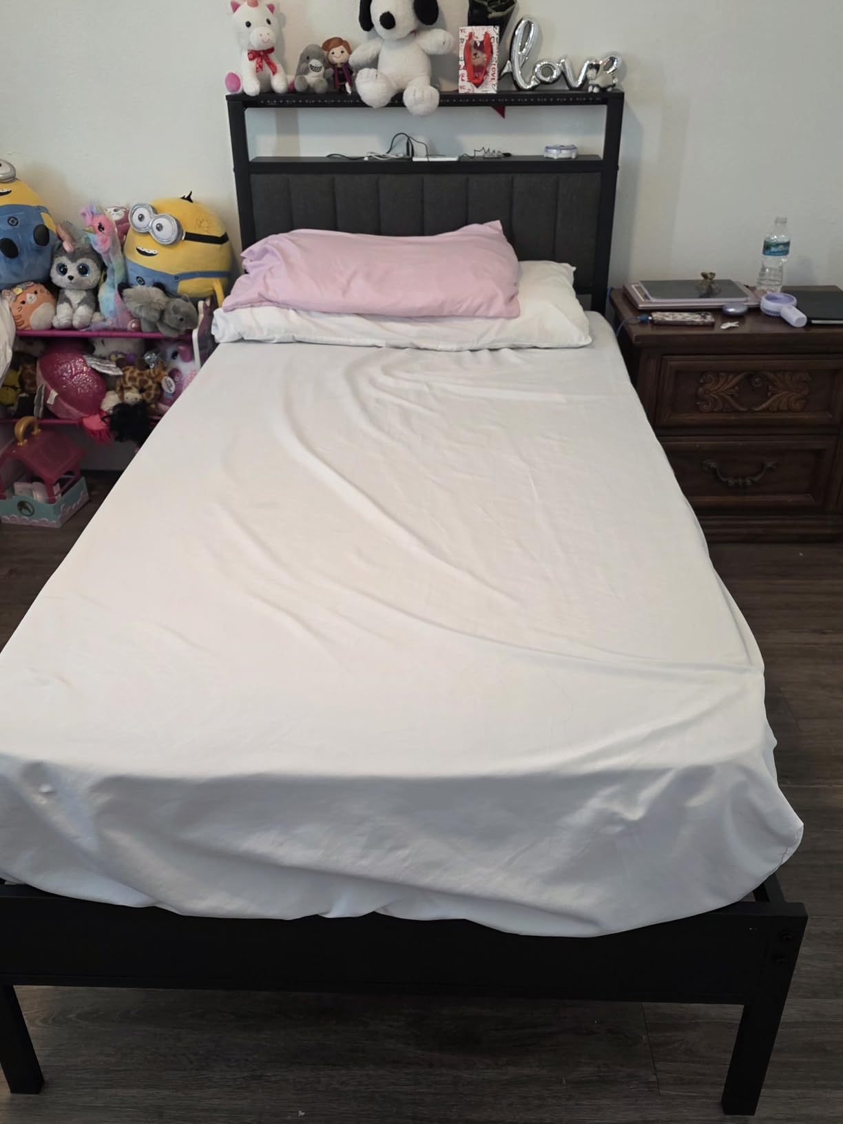 Furnulem Twin Bed Frames with Storage Drawers and Upholstered Headboard | Grey Metal Platform Bed with Charging Station, LED Lights, 2 Tier Shelves, Fabric Drawers. No Box Spring Needed, Noise Free customer photo 2