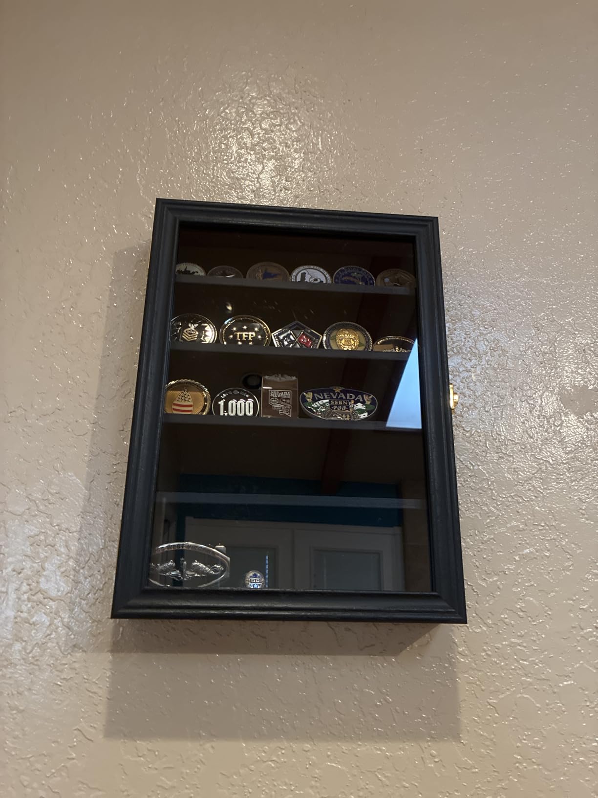 Military Challenge Coin Display Shadow Box Holds Up to 70 Coins, Lockable Wall-Mounted Cabinet for Medals, Pins, Patches & Ribbons, Removable Shelves, Pinnable Velvet Backing, UV Acrylic Door(Black) customer photo 2