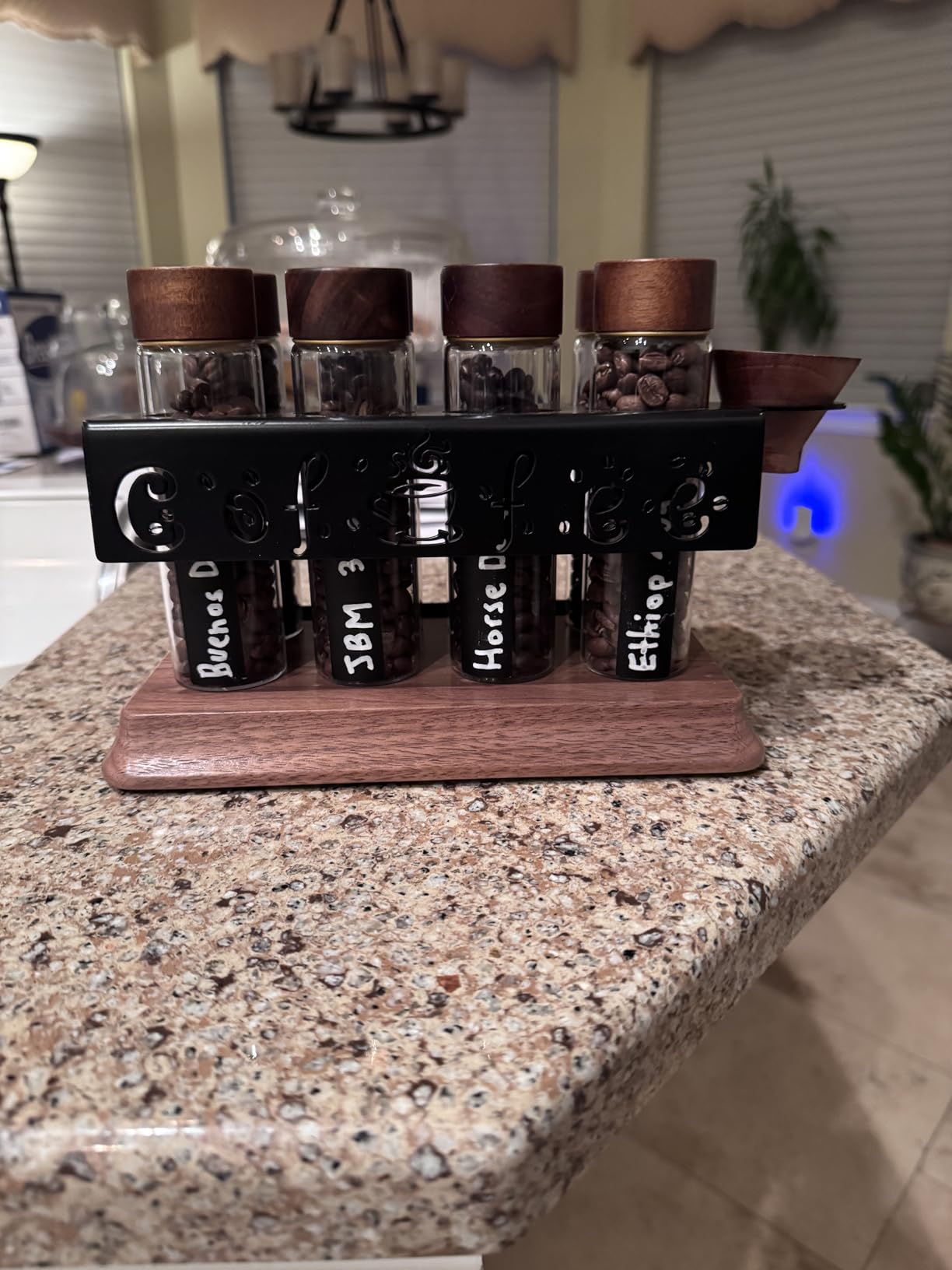 Single Dose Coffee Bean Storage Tubes Coffee Storage Container with One-Way Exhaust Valve, Coffee Bean Cellar 10 Pcs Dosing Glass Vials (2 Oz) Walnut Wood Stand Funnel And Lids customer photo 1