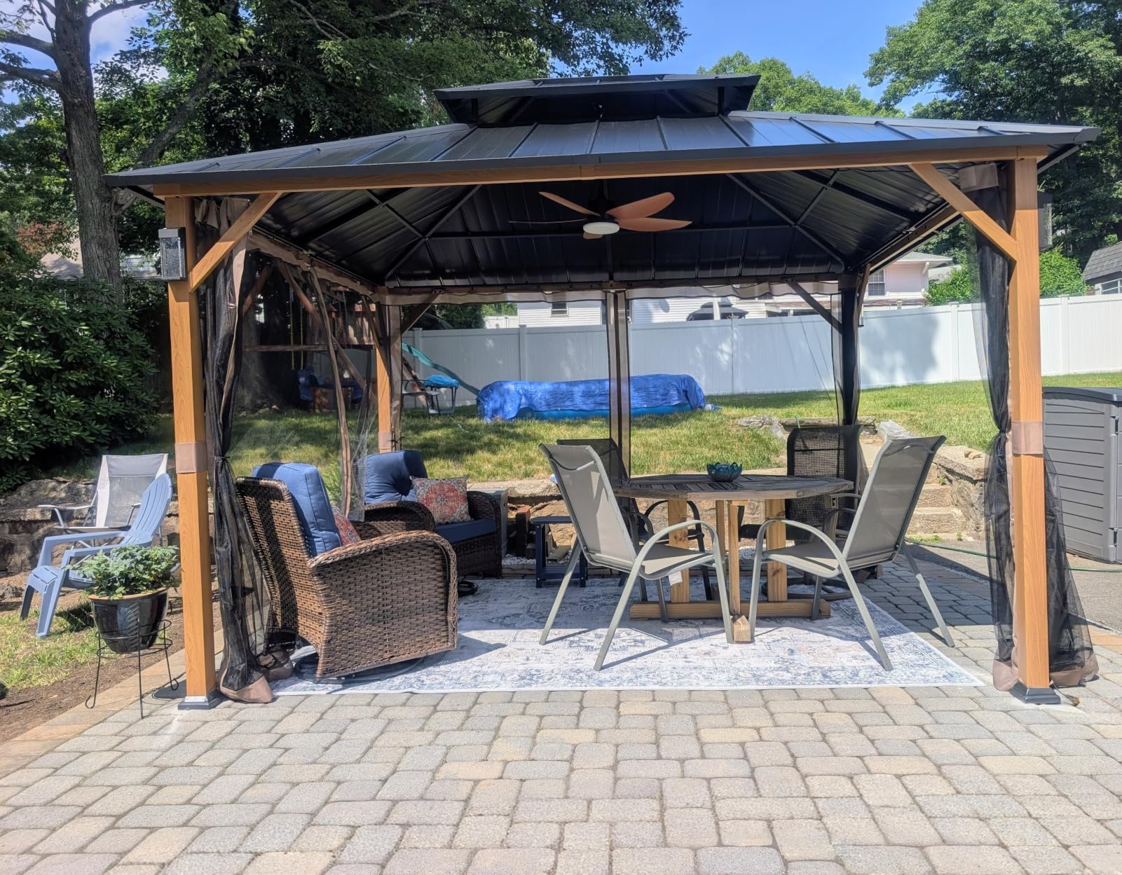 Modern Shade Hardtop Gazebo 12x14 with 4 LED Lights for Backyard Wood Grain | Hard Top Gazebo with Galvanized Steel Double Roof, All-Weather Metal Gazebo with Sturdy Hooks, Mosquito Net for Patio, Garden customer photo 1