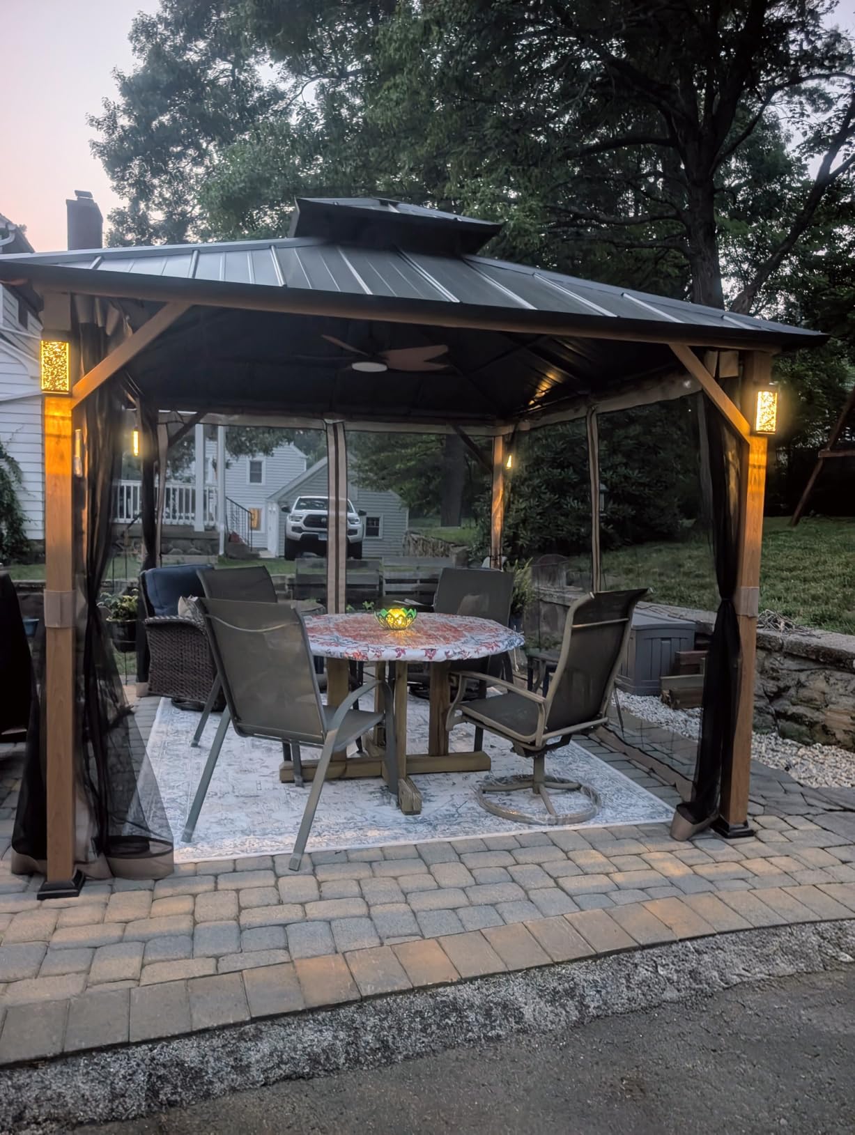Modern Shade Hardtop Gazebo 12x14 with 4 LED Lights for Backyard Wood Grain | Hard Top Gazebo with Galvanized Steel Double Roof, All-Weather Metal Gazebo with Sturdy Hooks, Mosquito Net for Patio, Garden customer photo 2