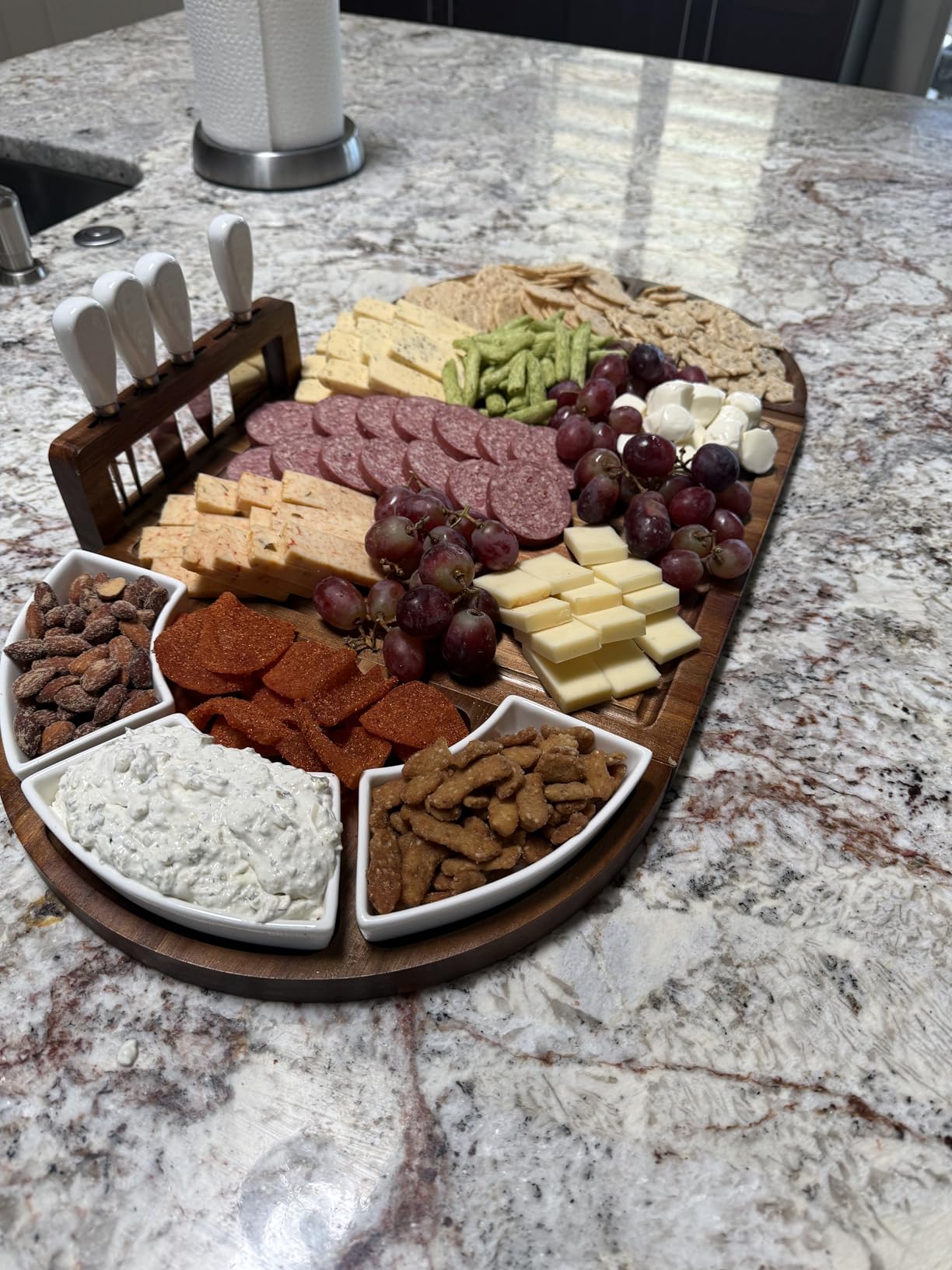 Large Charcuterie Board Set, Acacia Wood, Premium Finish | Magnetic 3-Piece Acacia Wood Design, Reshapes Circle Square Heart, Expands 13 to 26 In, 4 Knives, 3 Dishes customer photo 2