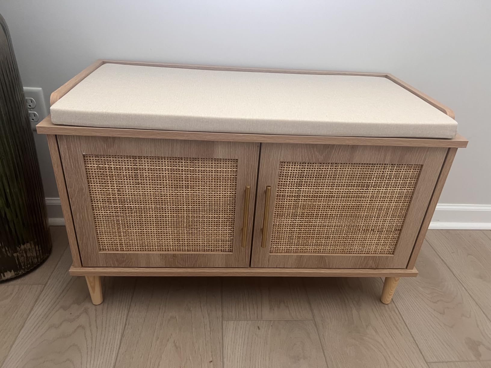 Akxomel Rattan Shoe Storage Bench with Cushion, 2-Tier Entryway Bench with Adjustable Shelves and 2 Doors, 15
