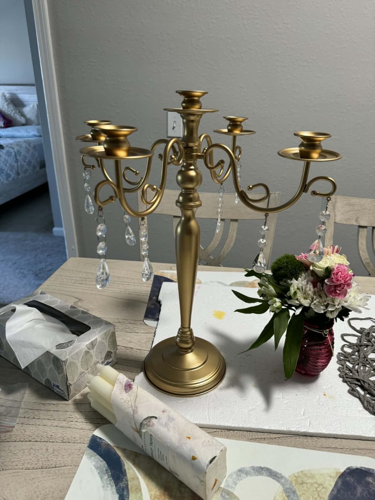 Sziqiqi Wedding Candelabra Table Centerpiece: 5 Arm Gold Candelabras | Set of 2, with Clear Chains customer photo 1