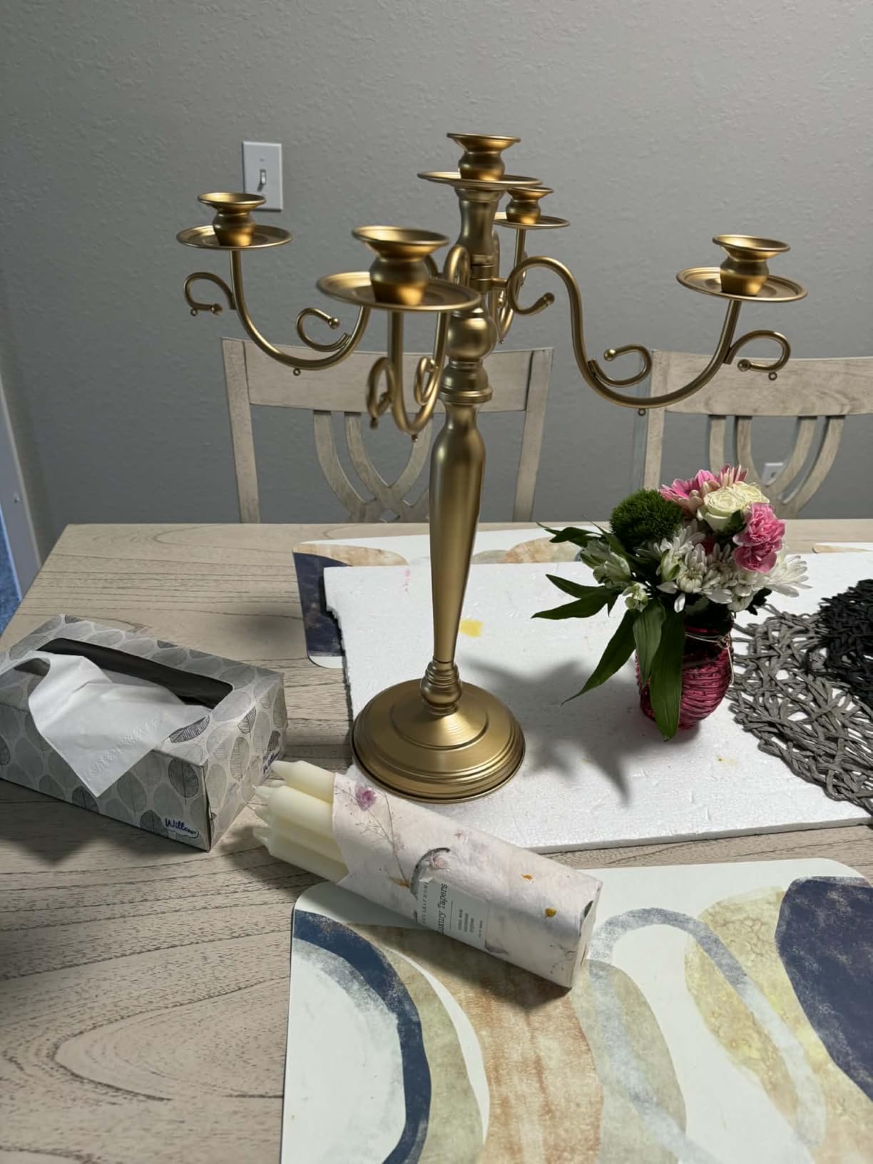 Sziqiqi Wedding Candelabra Table Centerpiece: 5 Arm Gold Candelabras | Set of 2, with Clear Chains customer photo 2
