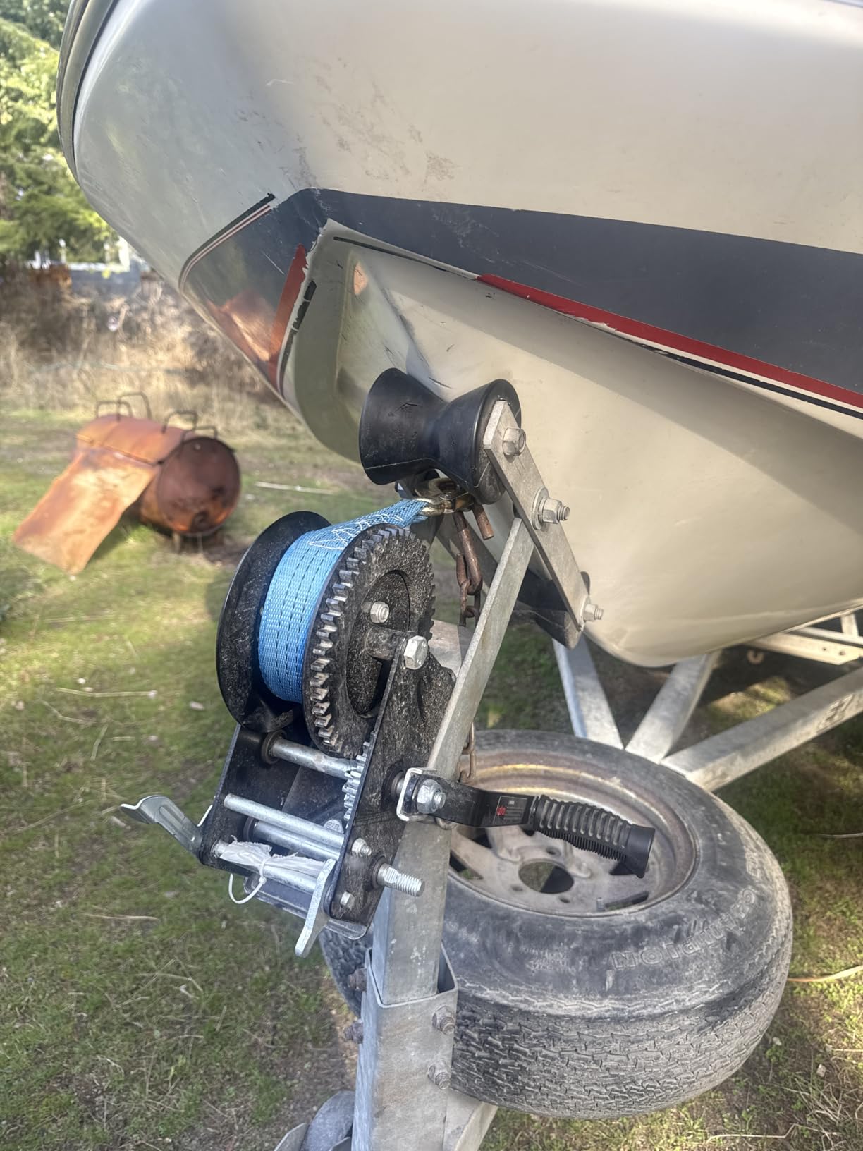 Kolvoii 3500 lb Boat Trailer Winch, 33 ft Strap, 2-Speed 4:1/8:1, Blue | Polyester strap, two-way ratchet, 8 mm high-carbon steel gears and galvanized finish; boat trailer & marine loading=