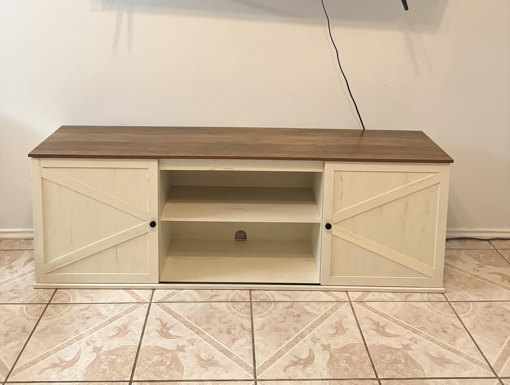 VASAGLE Farmhouse TV Stand for 65'' TV, Media Console, Sliding Barn Doors | Entertainment Center with Storage Cabinets, for Living Room, Rustic White and Honey Brown, HAINS Collection ULTV535W01 customer photo 2