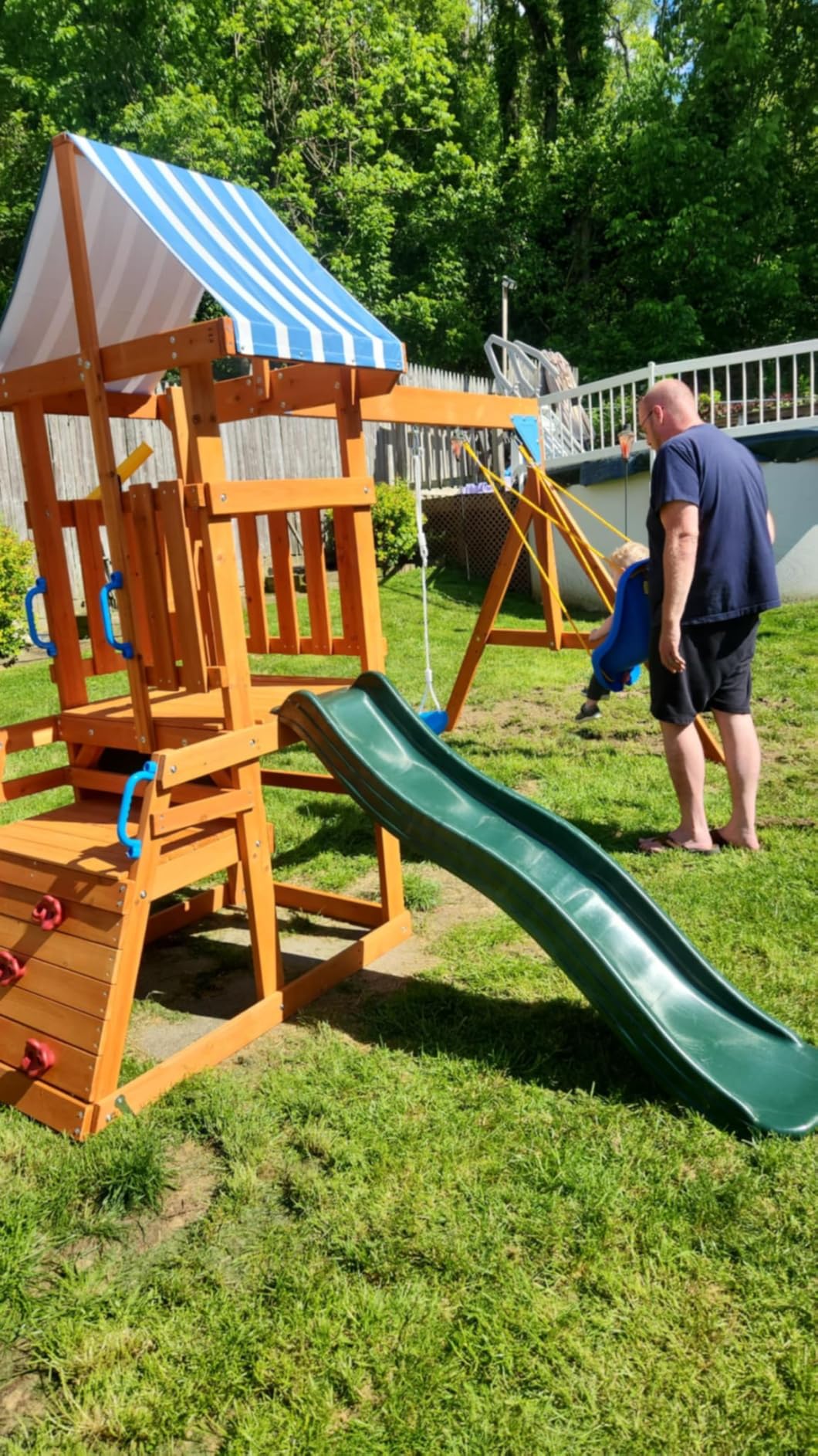 ROBUD Swing Sets for Backyard, Wooden Swing Set | All-in-One Kids Outdoor Play Equipment with Two Swings, Slide, Rock Climbing Wall, Blackboard, Telescope, Fort customer photo 1