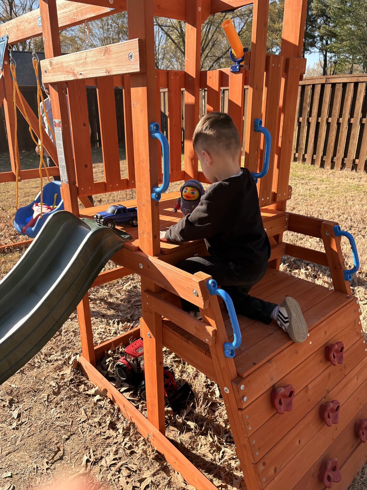 ROBUD Swing Sets for Backyard, Wooden Swing Set | All-in-One Kids Outdoor Play Equipment with Two Swings, Slide, Rock Climbing Wall, Blackboard, Telescope, Fort customer photo 2