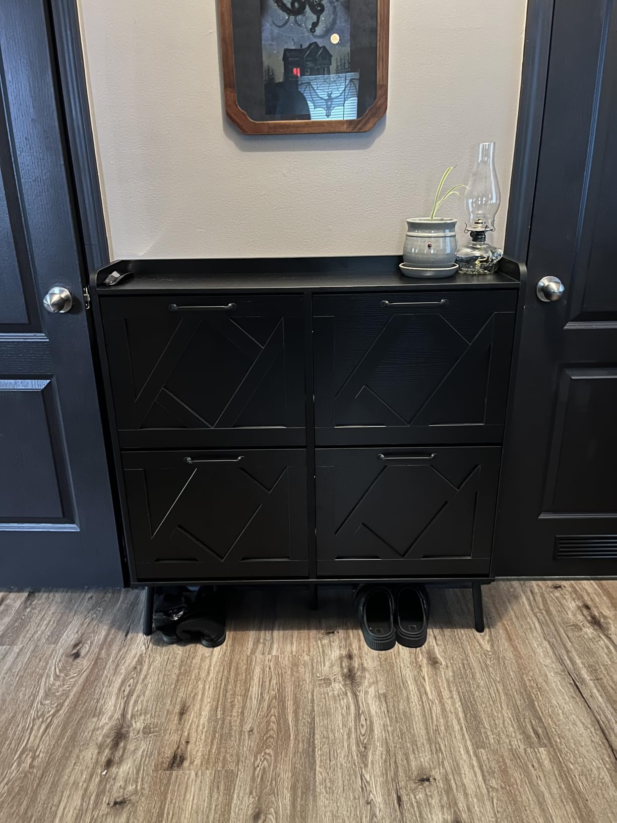 Shoe Storage Cabinet with 2 Flip Drawers, Freestanding Wood Shoe Organizer with Metal Legs, Farmhouse Slim Shoe Rack for Entryway, Foyer, Hallway, Rustic Brown customer photo 1