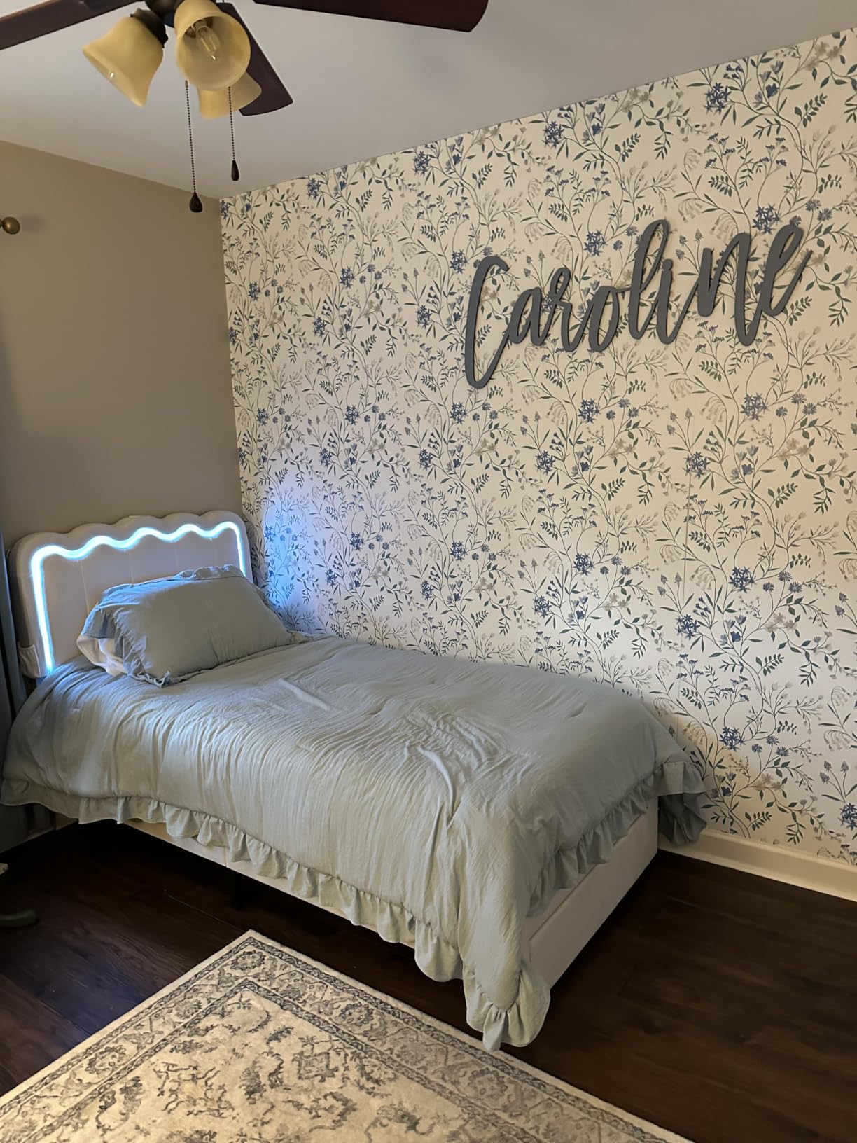 Twin Upholstered LED Bed Frame with Storage Drawer and Adjustable Chic Double Wavy Headboard, Velvet Princess Platform Bed for Girls/Kids, Solid Wood Slats Support, No Box Spring Needed, Pink customer photo 1
