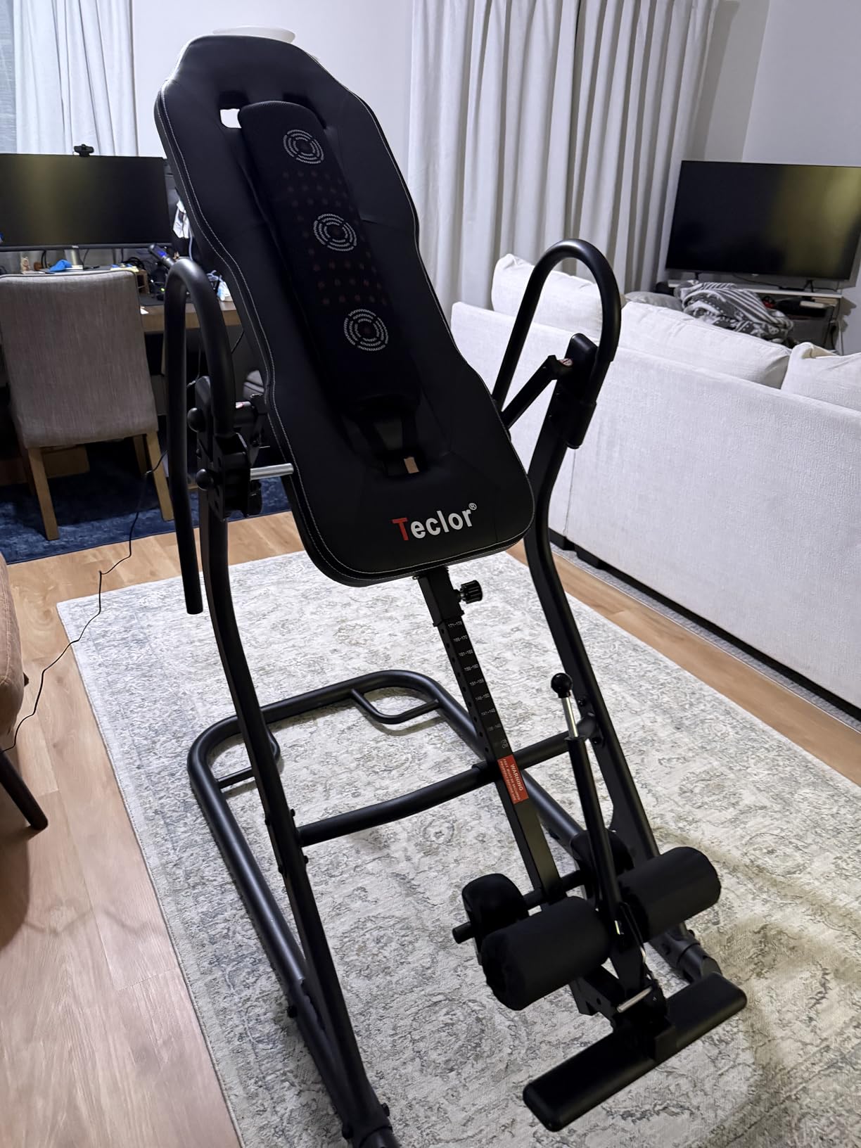 Teclor Inversion Table, Advanced Heat and Massage Function, Strength Training Inversion Table for Back Pain Relief, 350 lbs Capacity with Thickened 3D Memory Foam backrest, Black customer photo 2