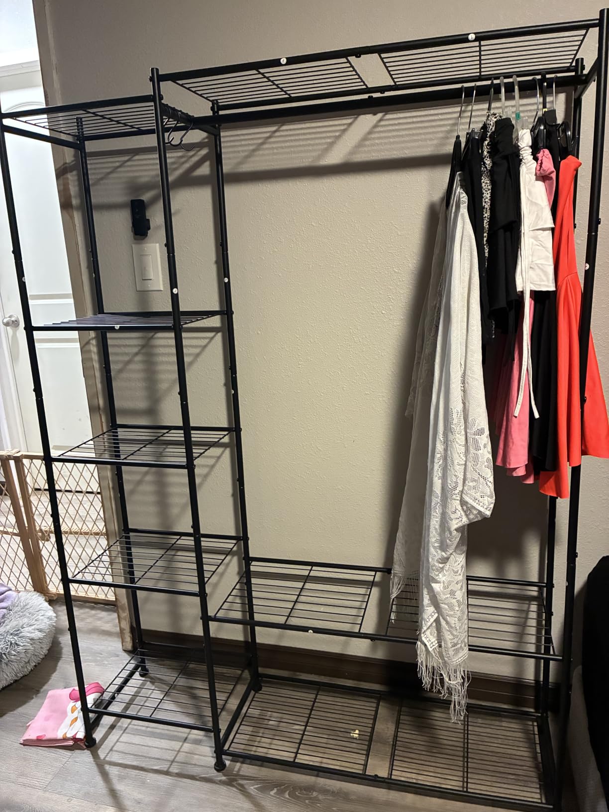 HOMIDEC Wardrobe Closet, Portable Clothes Rack with 4 Tiers Shelves | Freestanding Closet Organizers and Storage System with Hanging Rod, Steel Clothing Rack Suitable for Cloakrooms, Bedrooms, White customer photo 1