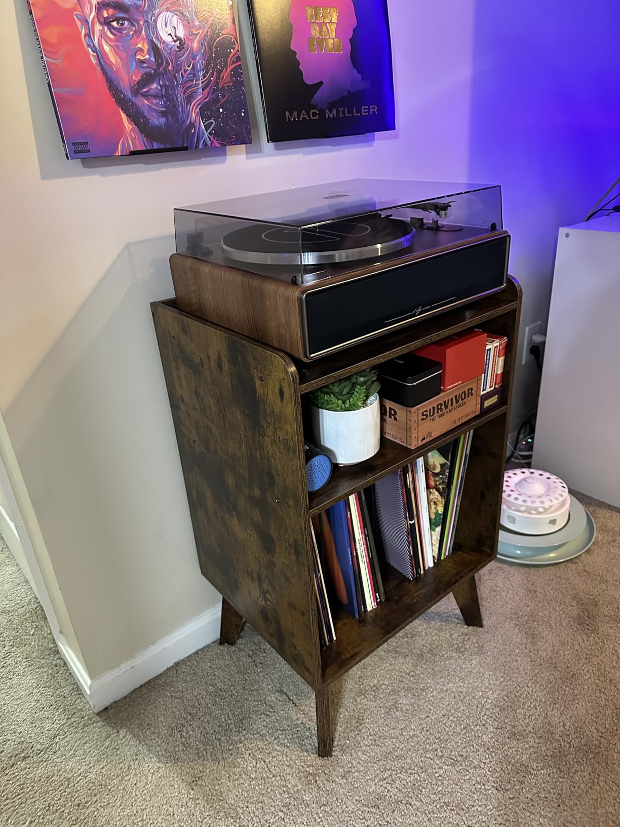 Record Player Stand, Turntable Stand with Record Storage and Charging Station & USB Ports, Record Player Table with Metal Divider, Record Stand Up to 160 Albums for Living Room, Bedroom Walnut customer photo 1