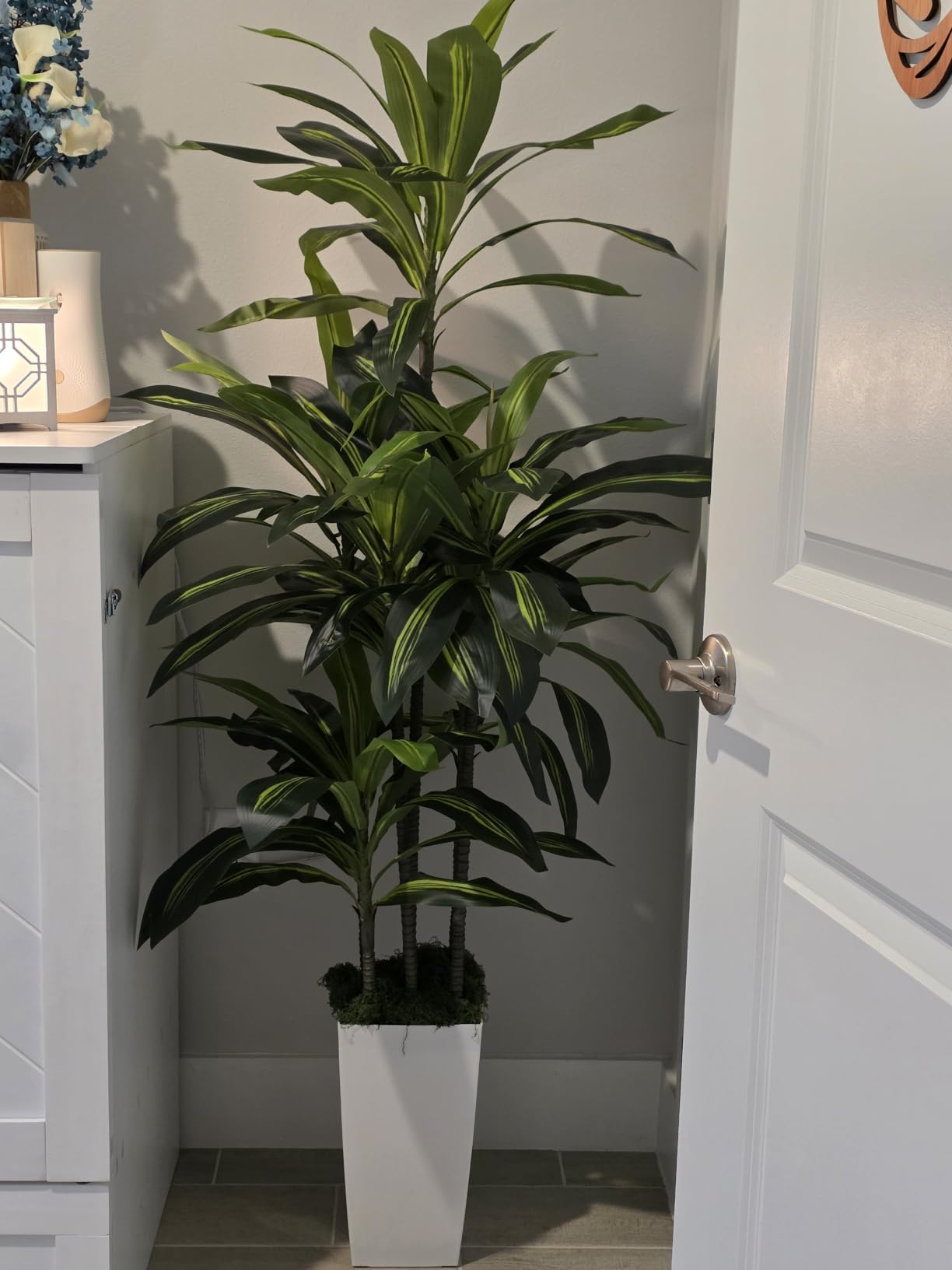 Artificial Dracaena Tree Indoor, 5FT Tall Fake Tree with White Tall Planter | Artificial Tree Fake Yucca Potted Tree for Home Office Living Room Decor customer photo 1