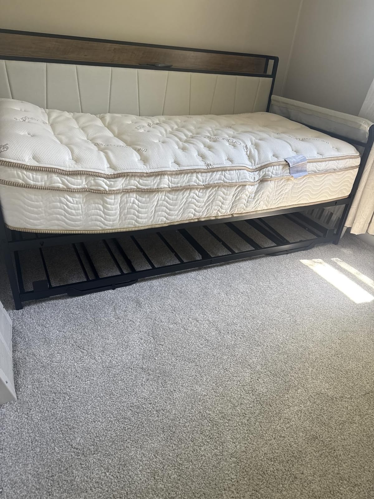 LIKIMIO Twin Daybed, Day Bed Frame with Pop Up Trundle, Grey | Pop Up Trundle Bed with Smooth Wheels, Charging Station, Storage Shelf & Bag, Upholstered Headboard, Strong Supports customer photo 2