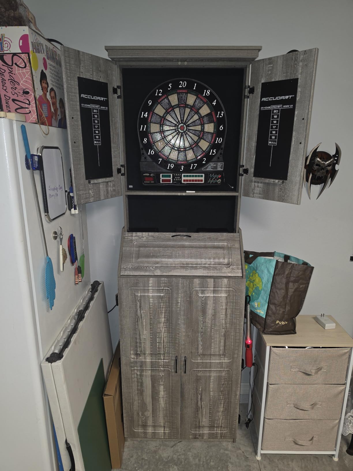 Accudart Dartboard Cabinet Set with LED Lighting - Premium Brazilian Sisal Board, Staple-Free Razor Wire, Weathered Grey Cabinet, Built-in Storage, Dual Chalkboards - Includes Steel-Tip Darts customer photo 1