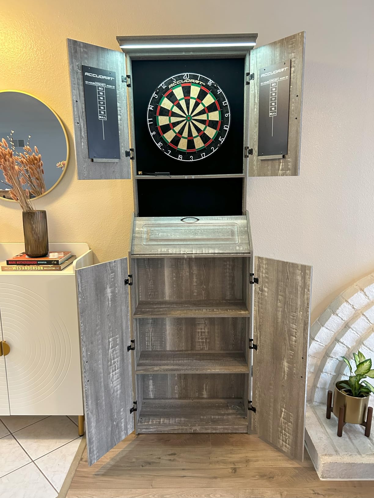 Accudart Dartboard Cabinet Set with LED Lighting - Premium Brazilian Sisal Board, Staple-Free Razor Wire, Weathered Grey Cabinet, Built-in Storage, Dual Chalkboards - Includes Steel-Tip Darts customer photo 2