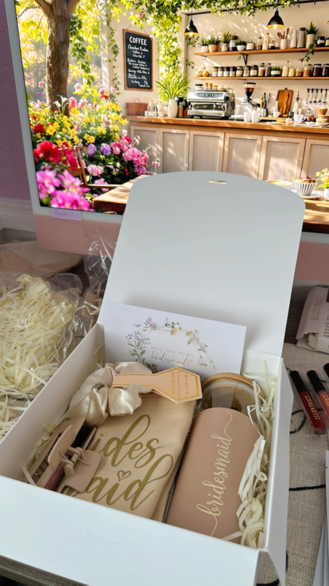 Tioncy 42 Pcs Bridesmaid Proposal Gifts Bridal Shower Wedding Gift Box Makeup Bags Invited Cards Tumblers with Lids and Straw Scrunchies Eye Mask Hair Clips for Maid of Honor(Champagne) customer photo 2