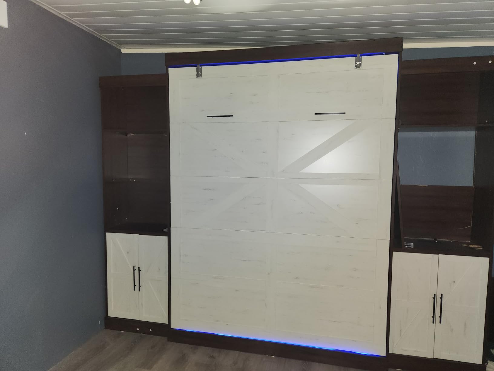 Hlivelood Queen Size Murphy Bed with 2 LED Lights, Farmhouse Wood Hidden Foldable Wall Bed Frame w/Gas Struts, Storage Bed Cabinet for Bedroom, Office, Space-Saving, No Box Spring Needed, Rustic White customer photo 2