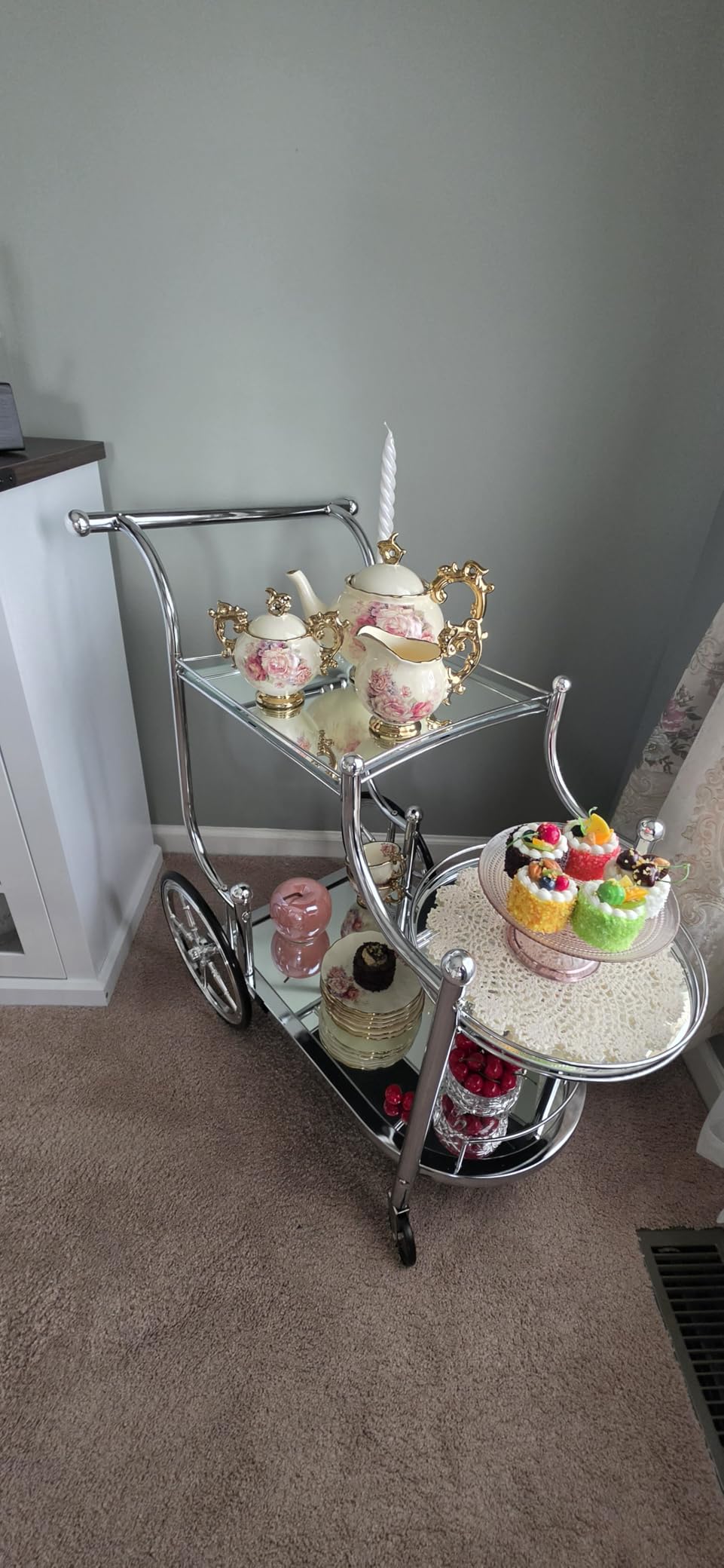 Tangkula Bar Cart, 3-Tier Rolling Home Bar Serving Cart with Mirrored Shelves & 4 Wheels, Mobile Beverage & Wine Cart for Kitchen, Dining Room, Living Room (Gold) customer photo 2