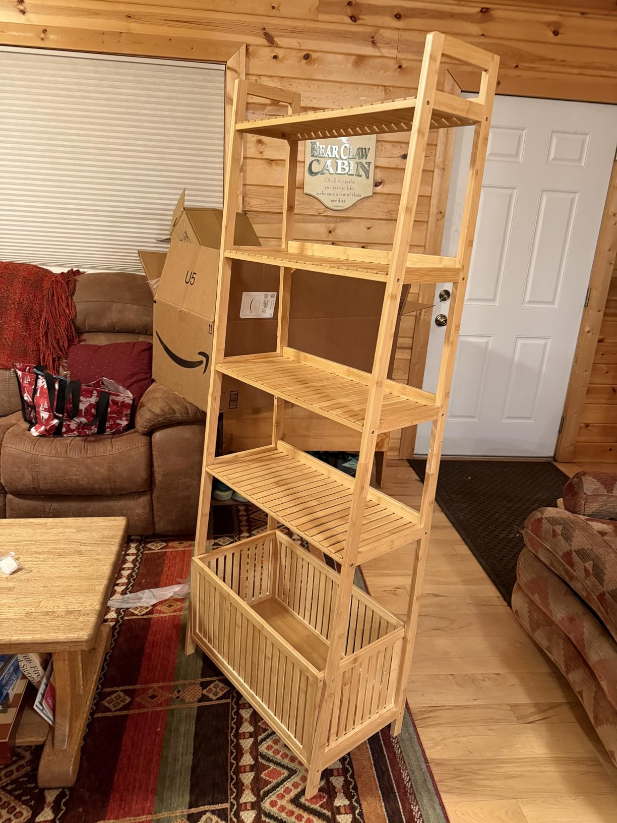 Bamjoy Bamboo Ladder Shelf, Bookshelf with 4 Display Shelves and 1 Open Storage Basket, Multifunctional Storage Rack Organizer for Home Office, Bedroom, Living Room, 66