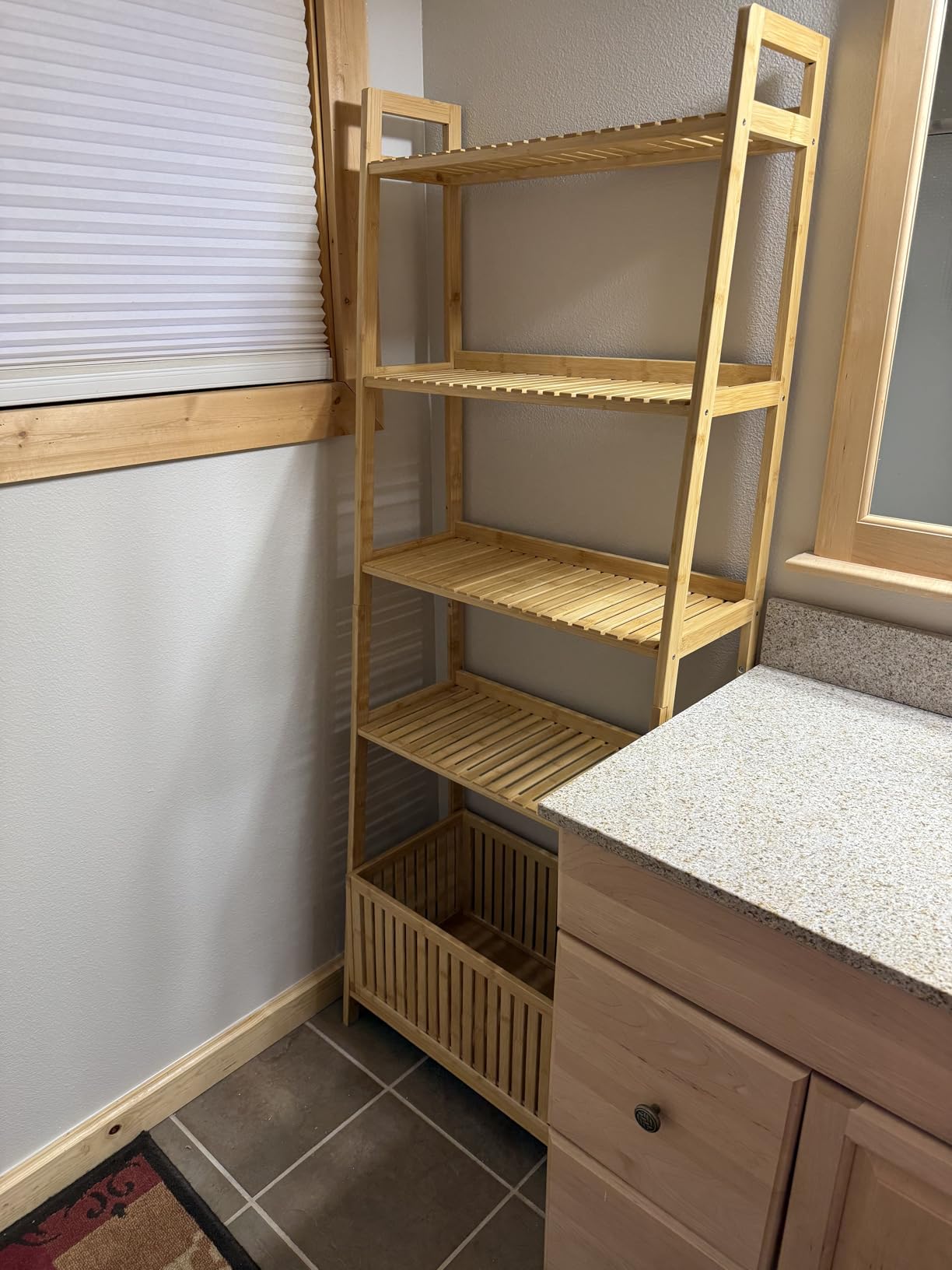 Bamjoy Bamboo Ladder Shelf, Bookshelf with 4 Display Shelves and 1 Open Storage Basket, Multifunctional Storage Rack Organizer for Home Office, Bedroom, Living Room, 66