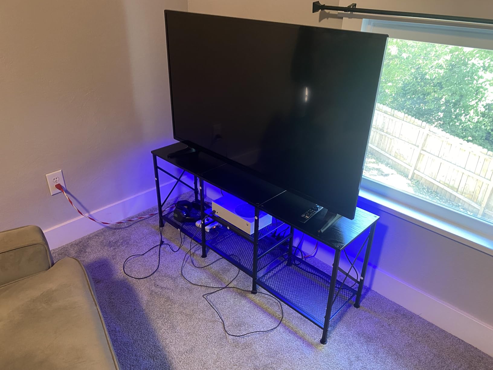 JARHETUN TV Stand with LED Lights for 55 Inch TV, Entertainment Center with 3-Tier Open Shelves, TV Console Table for Living Room, Bedroom, Black customer photo 1