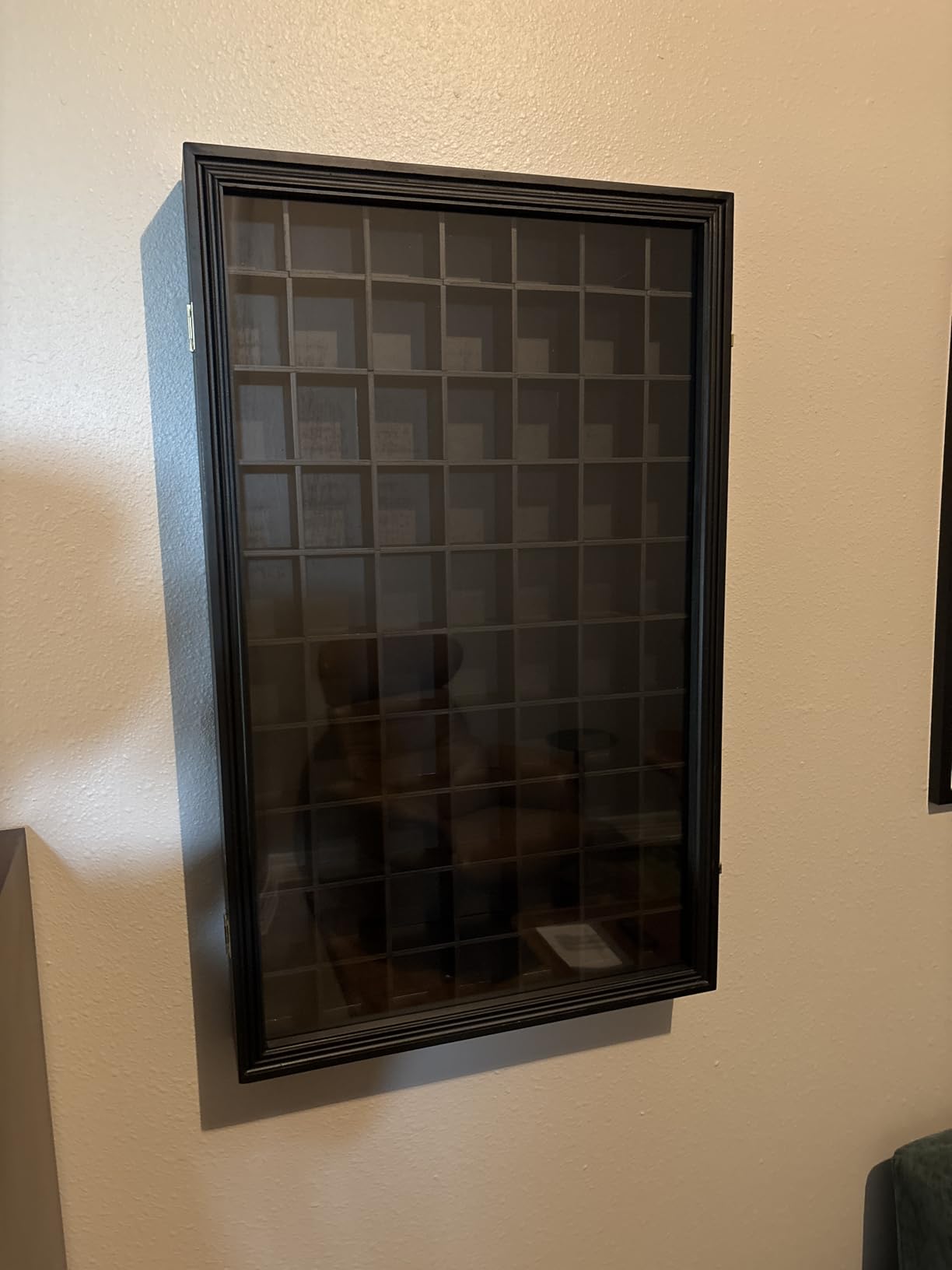 WodGod Removable Giant Shot Glass Display Case,30.5 * 19 Inches,70 Slots,Removable Shelves,Fit for Lots of Sizes Shot Glasses,Wall Mount,Gold Lock,with UV Protection Acrylic Glass Door customer photo 2