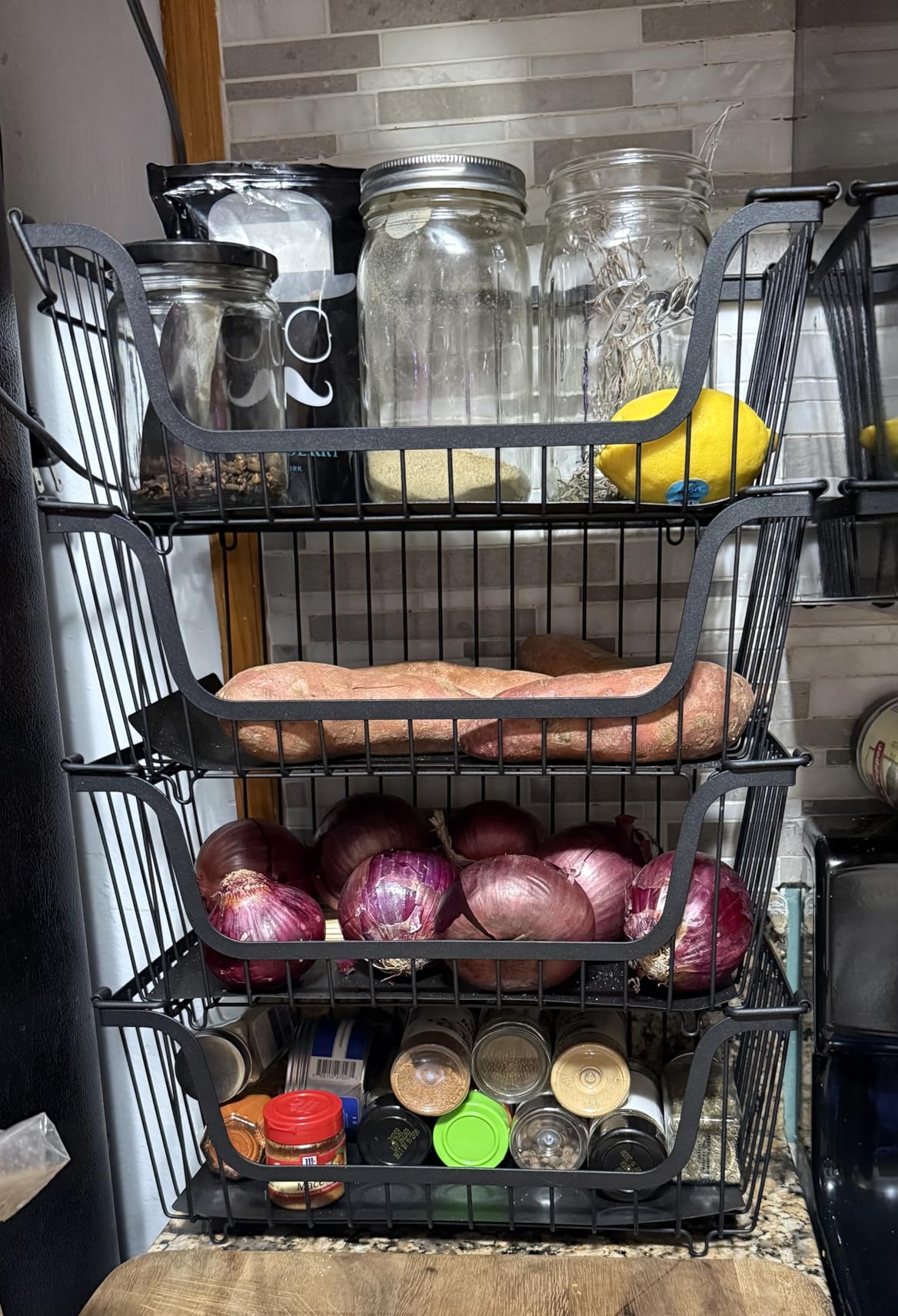 4 Pcs Stackable Wire Baskets Pantry Organizers and Storage Bins, Black | Breathable Metal Design with Rotating Handle, Idea for Potato Onion Fruit Snack Veggie Kitchen Countertop Freezer Organization customer photo 1